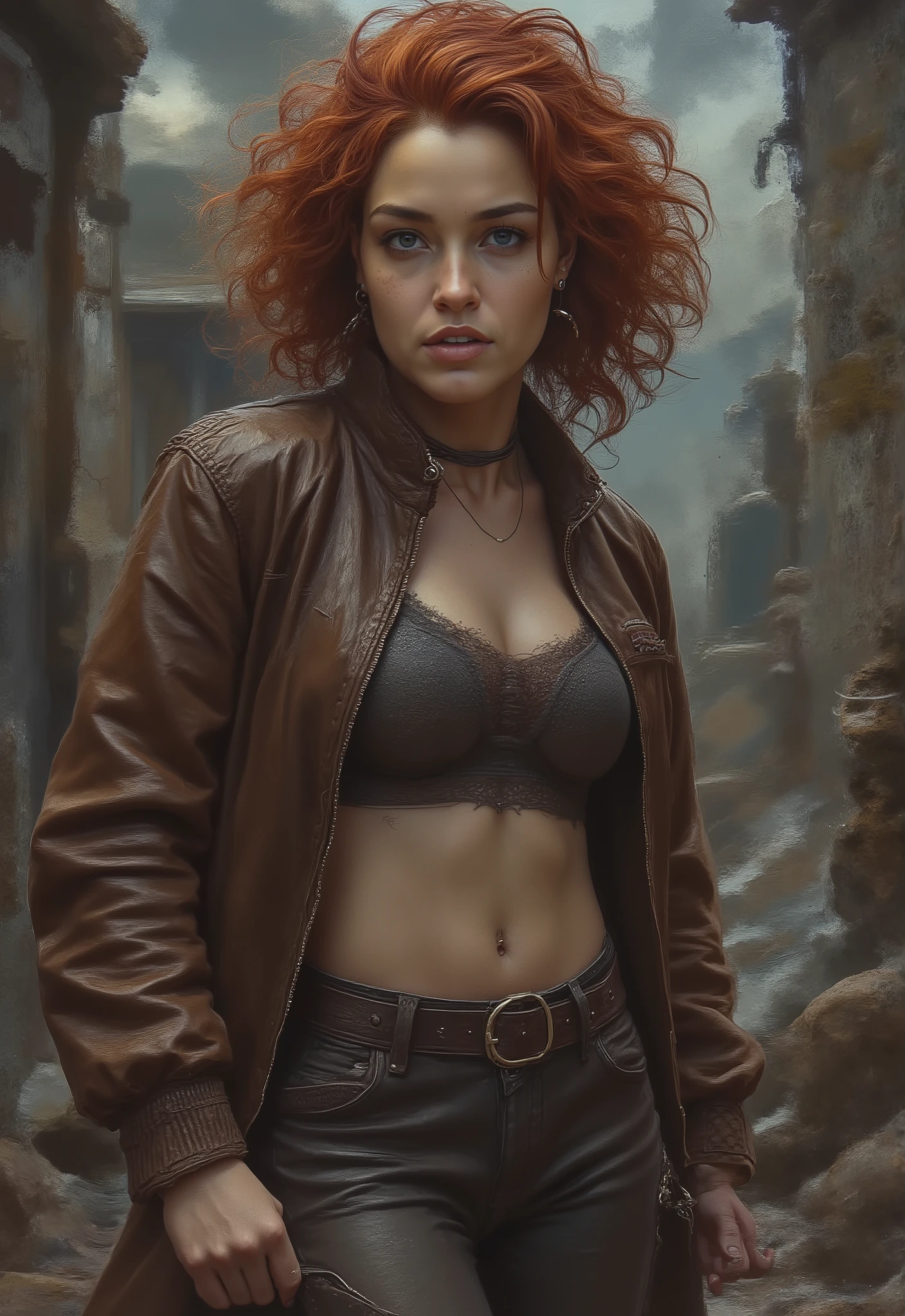 (foto escura:1.1), realistic epic , retrato de halo, female; athletic construction, sunglasses, olhos azuis, cachecol xadrez, ( brown leather bomber jacket:1.2), ( uniforme apertado , preto, blusa transparente:1.1) red hair by atey ghailan , by greg Rutkowski, por Greg Tocchini, por james gilleard, por Joe Fenton, amarelo gradiente, preto, brown and magenta color scheme, Grunge aesthetic !!! graphite wall background , art by Greg Rutkowski and artgerm, soft kinematic light, adobe lightroom, photographic laboratory, HDR, intrincado, Extremely detailed, (depth of field:1.4), desaparecido, (cores neutras:1.2), (HDR:1.4), (cores amortecidas:1.2), hiper-detalhado, (artstation:1.4), kinematic, luzes quentes, dramatic light, (intrincado details:1.1), fundo complexo, (Rutkowski:0.66), (teal blue and orange:0.4)