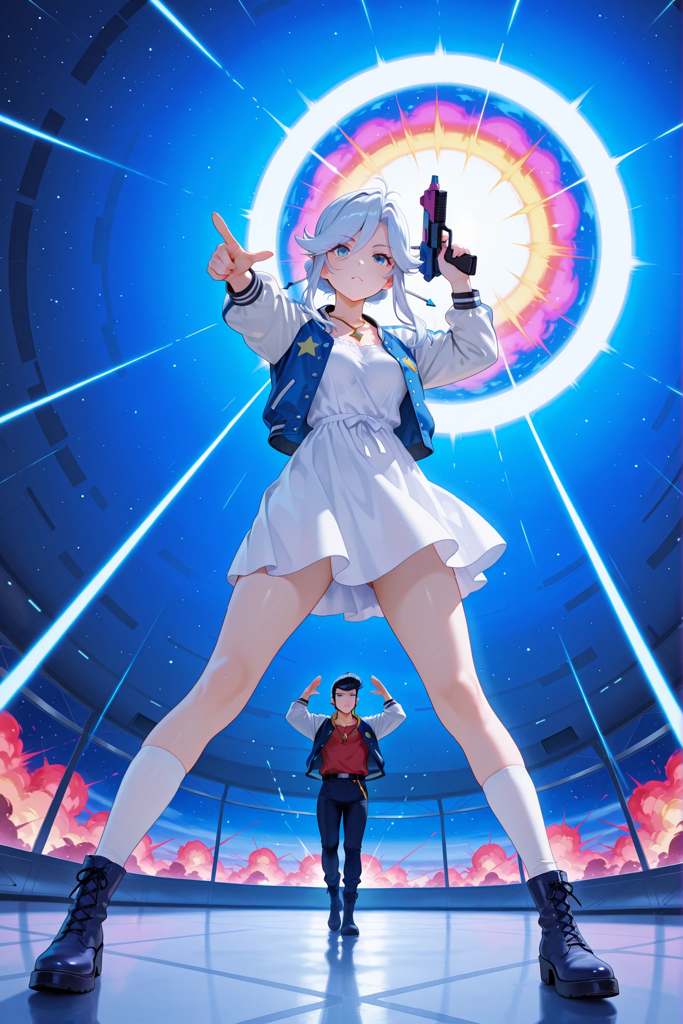 score_9, score_8_up, score_7_up, masterpiece, best quality, perfect facial features, highest resolution, 8k, amazing quality, detailed eyes, clear eyes, dynamic composition, dynamic pose, face clearly visible, whole body, low angle, 1girl 1man, two people, space dandy, dandy \(space dandy\),pompadour,black hair,sideburns,letterman jacket,red shirt,necklace, BREAK kanbn, White to blue hair, bright blue eyes, Wearing a White Dress,There are gold stars on the skirt, white sleeves , White Over The Knee Socks, dark blue boots , with a gold star pendant around her neck, White to Blue Hair, bright blue eyes, BREAK Pointing at the front of the screen, full body, dynamic pose, dynamic composition, space-like pose, holding a space gun, top angle, face-forward pose, acrobatic composition, weightlessness, falling pose, striking a pose while falling, floating pose, space, space explosion, inside a spaceship, space colors, flashy atmosphere, colorful atmosphere, colorful explosion, colorful blast,
