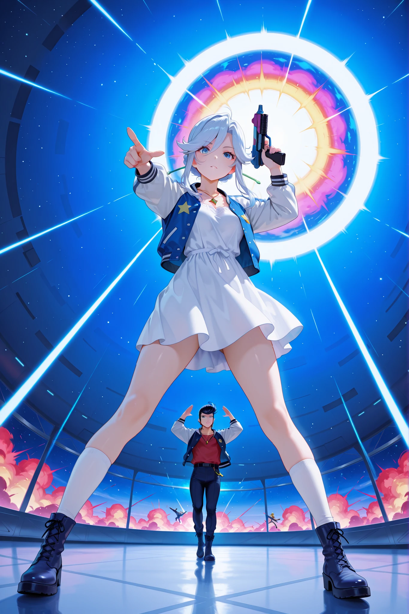 score_9, score_8_up, score_7_up, masterpiece, best quality, perfect facial features, highest resolution, 8k, amazing quality, detailed eyes, clear eyes, dynamic composition, dynamic pose, face clearly visible, whole body, low angle, 1girl 1man, two people, space dandy, dandy \(space dandy\),pompadour,black hair,sideburns,letterman jacket,red shirt,necklace, BREAK kanbn, White to blue hair, bright blue eyes, Wearing a White Dress,There are gold stars on the skirt, white sleeves , White Over The Knee Socks, dark blue boots , with a gold star pendant around her neck, White to Blue Hair, bright blue eyes, BREAK Pointing at the front of the screen, full body, dynamic pose, dynamic composition, space-like pose, holding a space gun, top angle, face-forward pose, acrobatic composition, weightlessness, falling pose, striking a pose while falling, floating pose, space, space explosion, inside a spaceship, space colors, flashy atmosphere, colorful atmosphere, colorful explosion, colorful blast,
