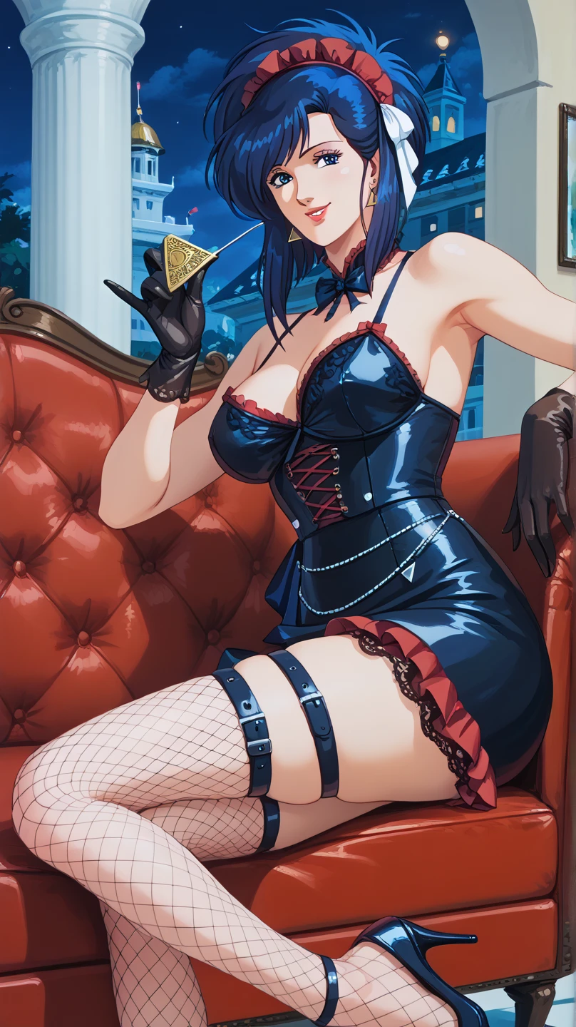 masterpiece, best quality, extremely detailed 8K wallpaper, 1girl, looking at viewer,handsfree, volumetric lighting, best anatomy, detailed eyes, beautiful eyes, best shadow, ultra detailed, <lora:add_detail:0.5>, carriage ride, horse-drawn, historic tour, leisurely <lora:NanakoShichigusa_V2-E11_(AmazingNurseNanako):0.7> ,nanakn, hair ribbon, maid headdress, choker, maid dress, short sleeves, apron, wristwatch, garter straps, thighhighs, high heels, 1990s (style), retro artstyle, fang, ass, blush,
