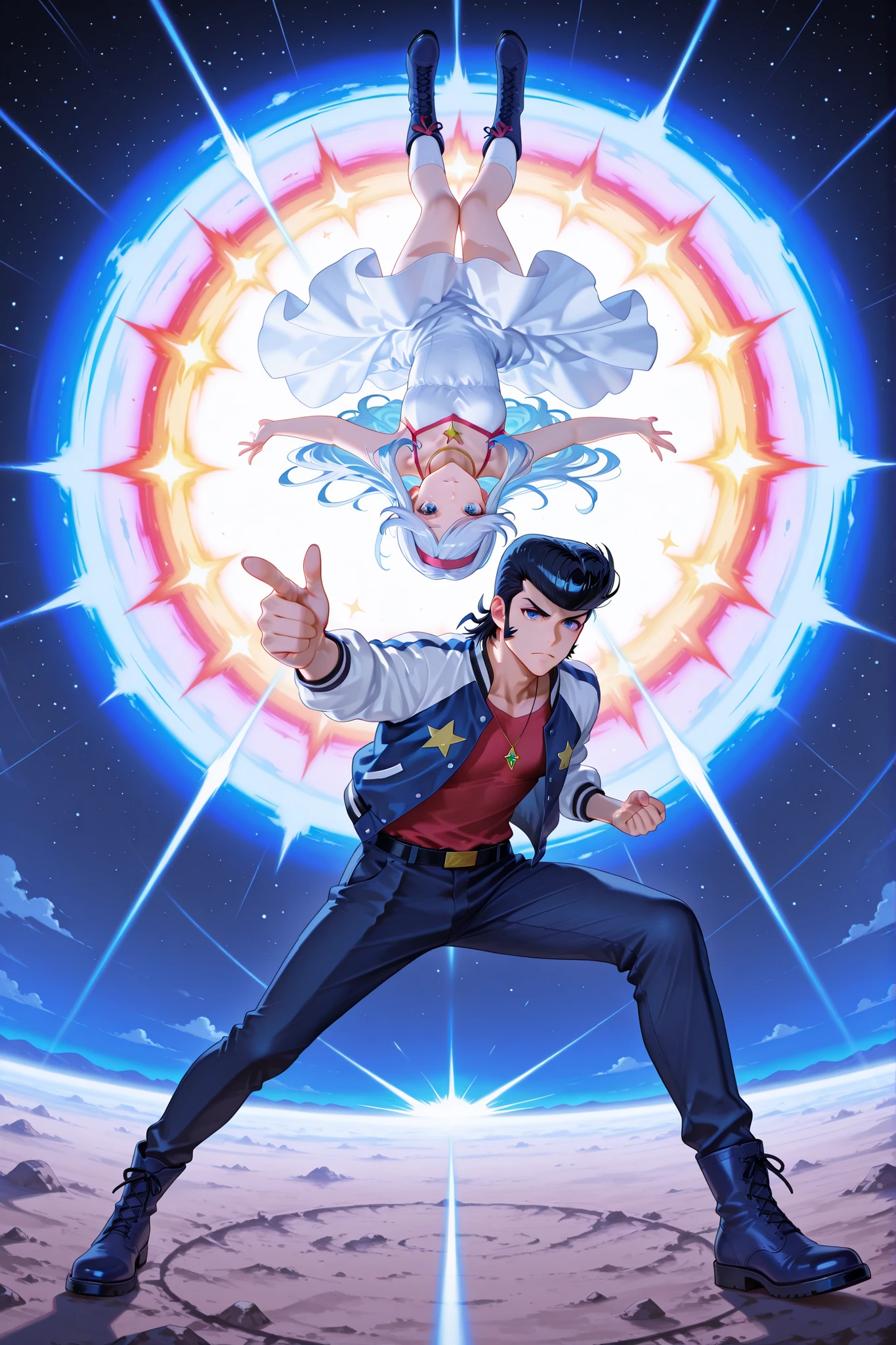 score_9, score_8_up, score_7_up, masterpiece, best quality, perfect facial features, highest resolution, 8k, amazing quality, detailed eyes, clear eyes, dynamic composition, dynamic pose, face clearly visible, whole body, low angle, 1girl 1man, two people, space dandy, dandy \(space dandy\),pompadour,black hair,sideburns,letterman jacket,red shirt,necklace, BREAK kanbn, White to blue hair, bright blue eyes, Wearing a White Dress,There are gold stars on the skirt, white sleeves , White Over The Knee Socks, dark blue boots , with a gold star pendant around her neck, White to Blue Hair, bright blue eyes, BREAK Pointing at the front of the screen, full body, dynamic pose, dynamic composition, space-like pose, holding a space gun, top angle, face-forward pose, acrobatic composition, weightlessness, falling pose, striking a pose while falling, floating pose, space, space explosion, inside a spaceship, space colors, flashy atmosphere, colorful atmosphere, colorful explosion, colorful blast,