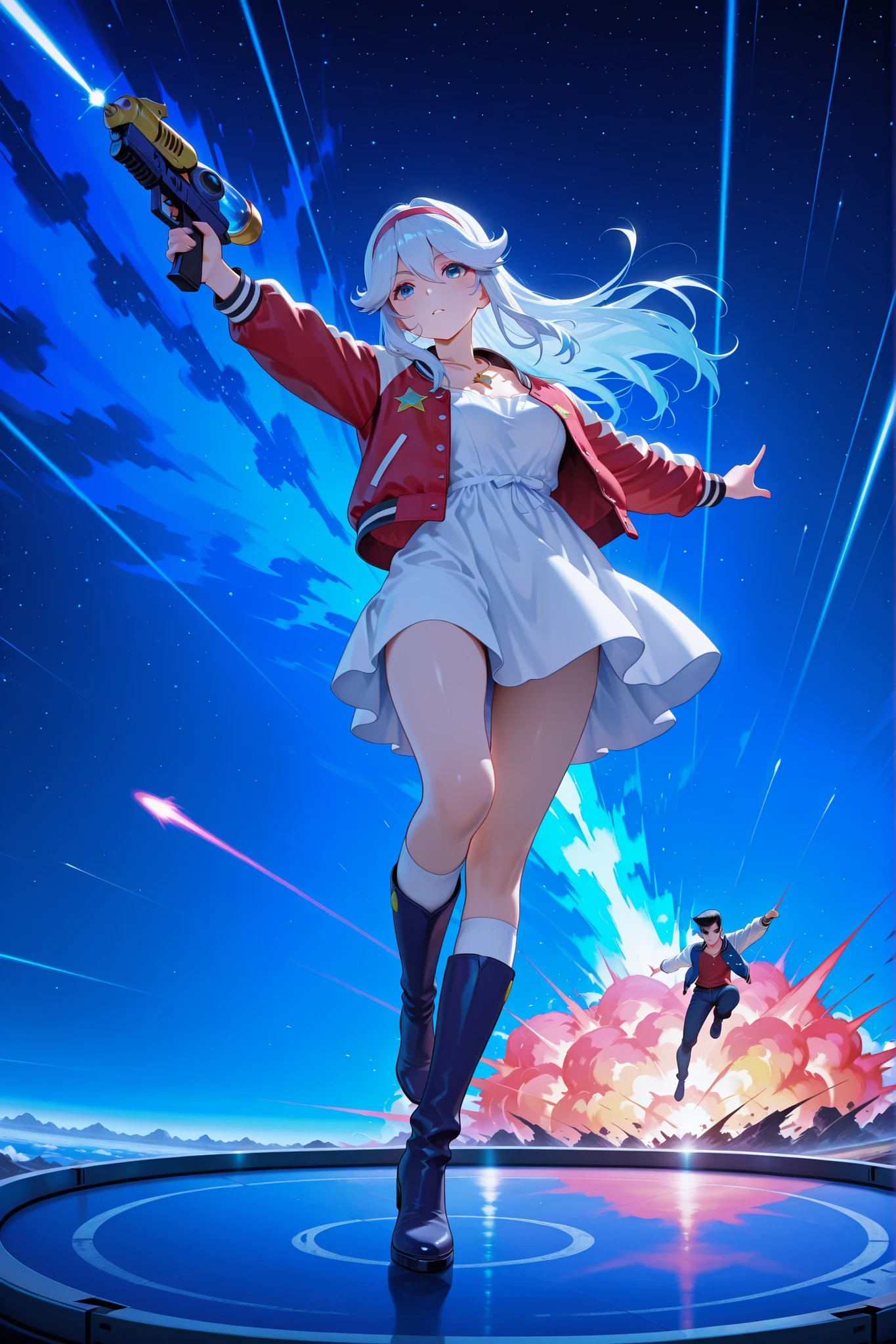 score_9, score_8_up, score_7_up, masterpiece, best quality, perfect facial features, highest resolution, 8k, amazing quality, detailed eyes, clear eyes, dynamic composition, dynamic pose, face clearly visible, whole body, low angle, 1girl 1man, two people, space dandy, dandy \(space dandy\),pompadour,black hair,sideburns,letterman jacket,red shirt,necklace, BREAK kanbn, White to blue hair, bright blue eyes, Wearing a White Dress,There are gold stars on the skirt, white sleeves , White Over The Knee Socks, dark blue boots , with a gold star pendant around her neck, White to Blue Hair, bright blue eyes, BREAK Pointing at the front of the screen, full body, dynamic pose, dynamic composition, space-like pose, holding a space gun, top angle, face-forward pose, acrobatic composition, weightlessness, falling pose, striking a pose while falling, floating pose, space, space explosion, inside a spaceship, space colors, flashy atmosphere, colorful atmosphere, colorful explosion, colorful blast,