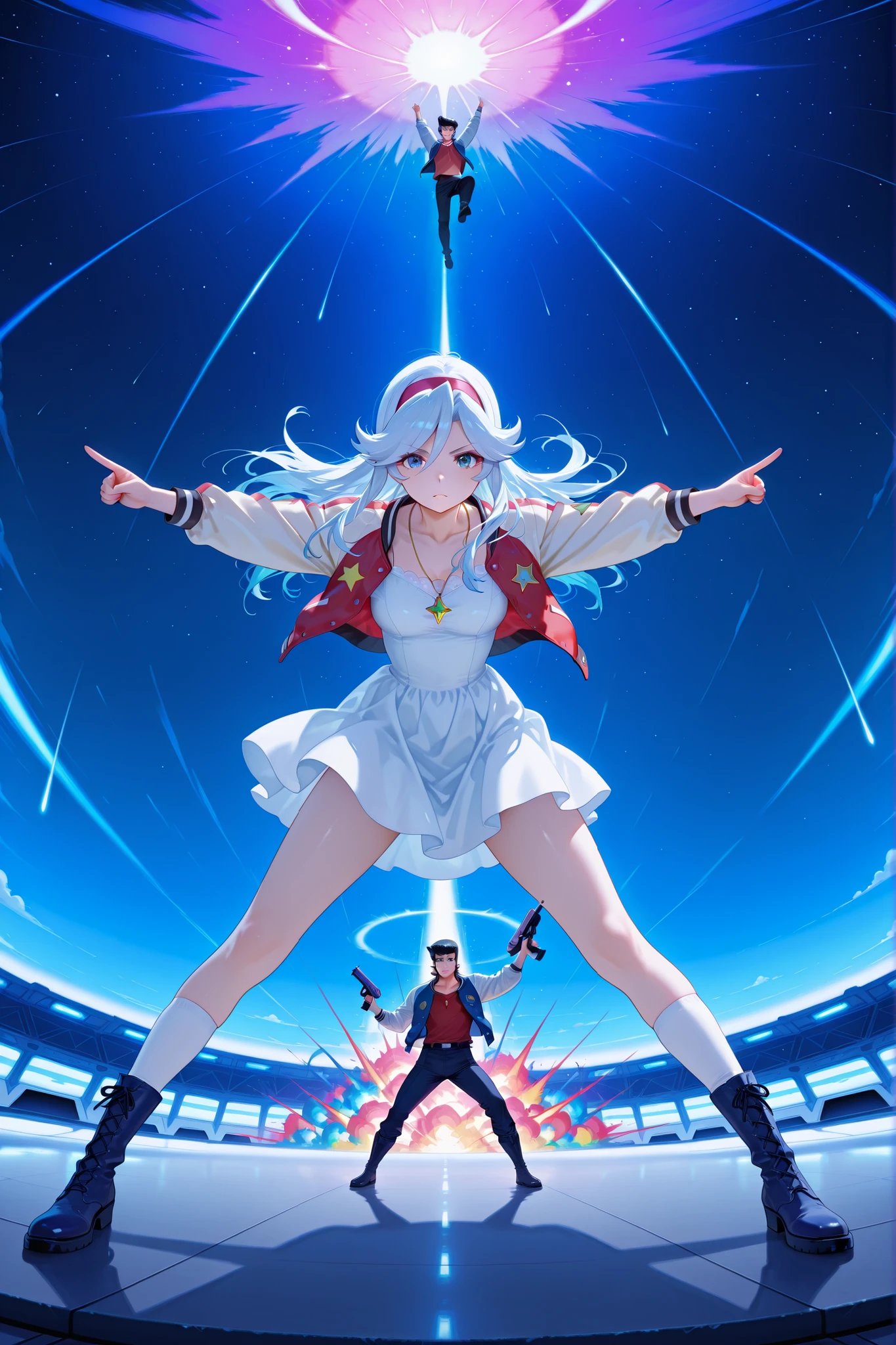 score_9, score_8_up, score_7_up, masterpiece, best quality, perfect facial features, highest resolution, 8k, amazing quality, detailed eyes, clear eyes, dynamic composition, dynamic pose, face clearly visible, whole body, low angle, 1girl 1man, two people, space dandy, dandy \(space dandy\),pompadour,black hair,sideburns,letterman jacket,red shirt,necklace, BREAK kanbn, White to blue hair, bright blue eyes, Wearing a White Dress,There are gold stars on the skirt, white sleeves , White Over The Knee Socks, dark blue boots , with a gold star pendant around her neck, White to Blue Hair, bright blue eyes, BREAK Pointing at the front of the screen, full body, dynamic pose, dynamic composition, space-like pose, holding a space gun, top angle, face-forward pose, acrobatic composition, weightlessness, falling pose, striking a pose while falling, floating pose, space, space explosion, inside a spaceship, space colors, flashy atmosphere, colorful atmosphere, colorful explosion, colorful blast,