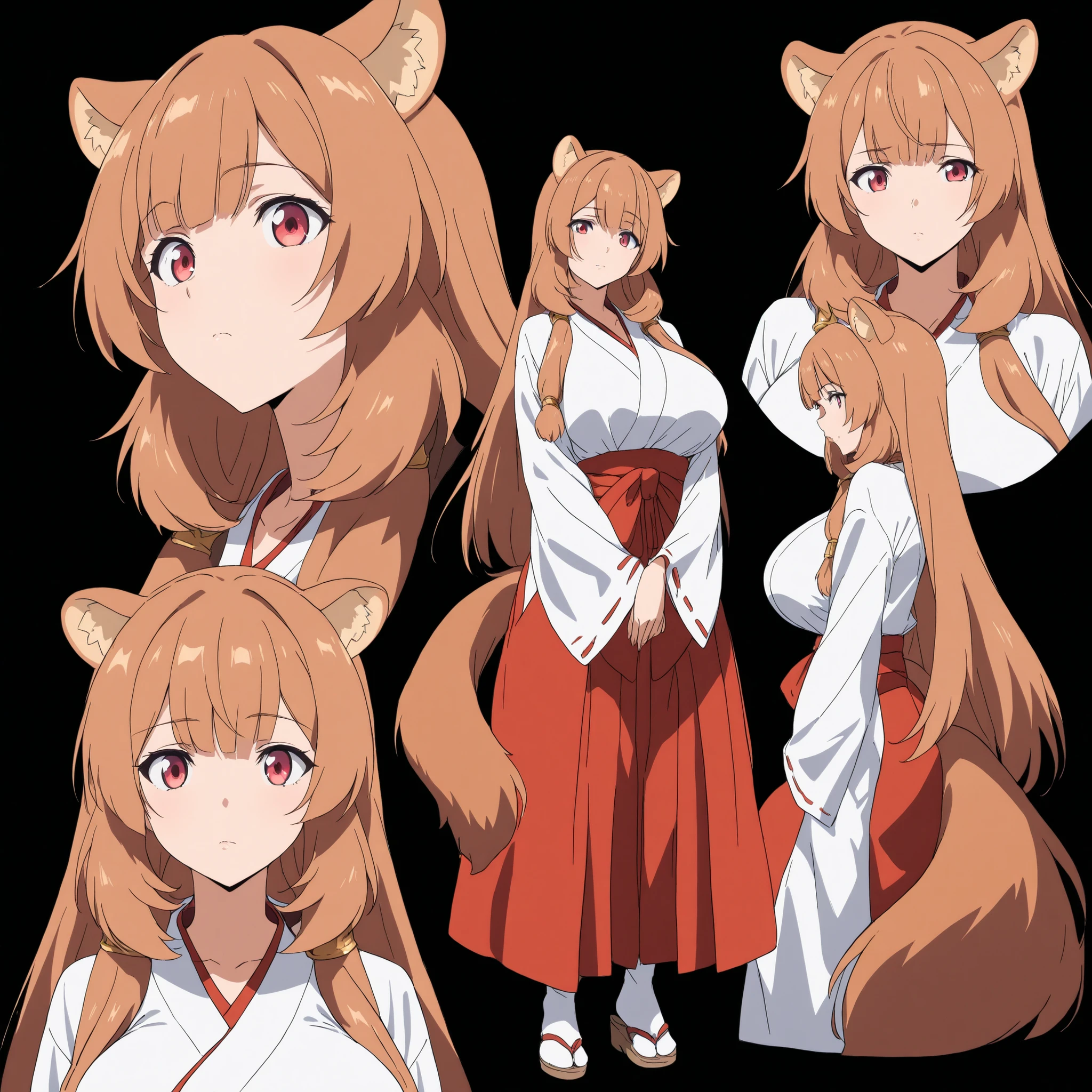 masterpiece,high score,Good score,absurdities,anime coloring,looking at the viewer,Alone, character sheet, multiple views, black background, Valkyriess character sheet, raphtalia. orange fur , Red Eyes. animal ears and tail. ,Miko Outfit, neckline . ,