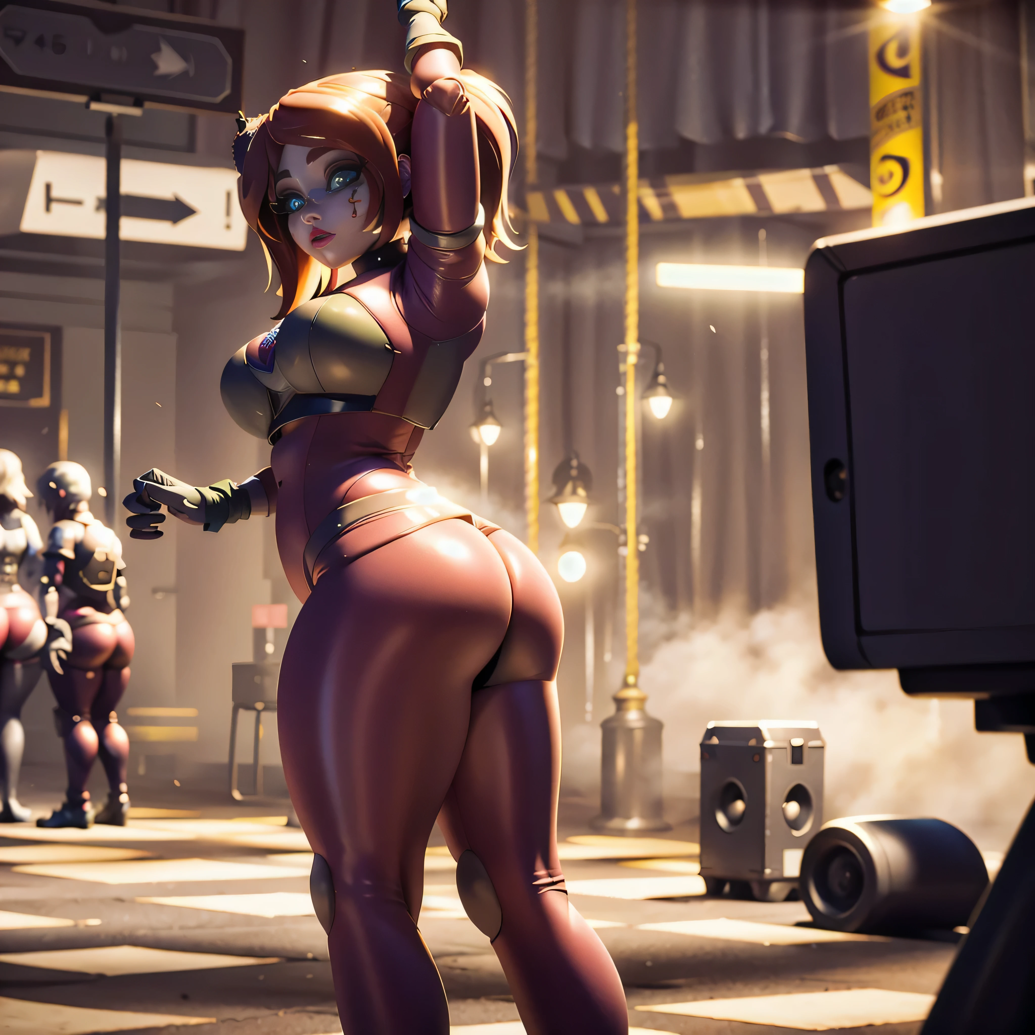 8K, High resolution, la mejor calidad, a girl,caramel, Evening, street, Store light , muslos grandes, She wears tight leggings, big dinners, Her thighs are bigger, full body , her leggings are tighter and more detailed, She stretches her legs, She shows off her big butt, She touches her legs , She wears a very tight suit , They touch her body,