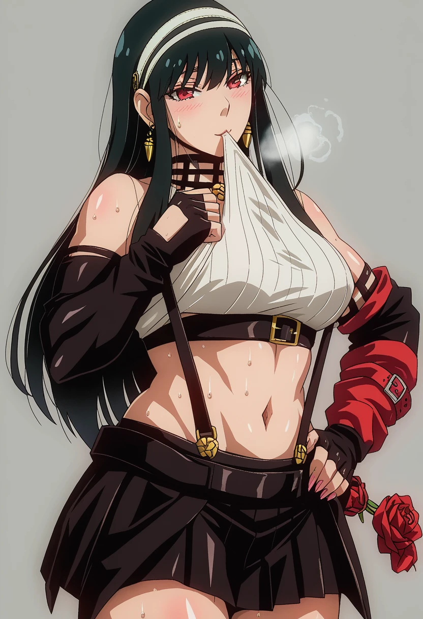 (Harayutaka-style), score_9, score_8_up, score_7_up, score_6_up, uncensored, your briar, black hair, long sidelocks, white hairband, red eyes, earrings, BREAK (masterpiece:1.2), best quality, high resolution, (beautiful detailed eyes:1.3), perfect lighting, (perfect hands, perfect ), hearts, pleasured, 1girl, solo, skirt, gloves, suspenders, navel, suspender_skirt, black_skirt, tank_top, fingerless_gloves, crop_top, , sweat, hand_on_hip, jewelry, shirt_lift, midriff, elbow_gloves, clothes_lift, white_tank_top, looking_at_viewer, muscular female, grey_background, simple_background, elbow_pads, miniskirt, toned, lifted_by_self, cowboy_shot, taut_clothes, black_gloves, bare_shoulders, taut_shirt, belt, shirt, pleated_skirt, mouth hold, ((gasping)), ((heavy breathing))