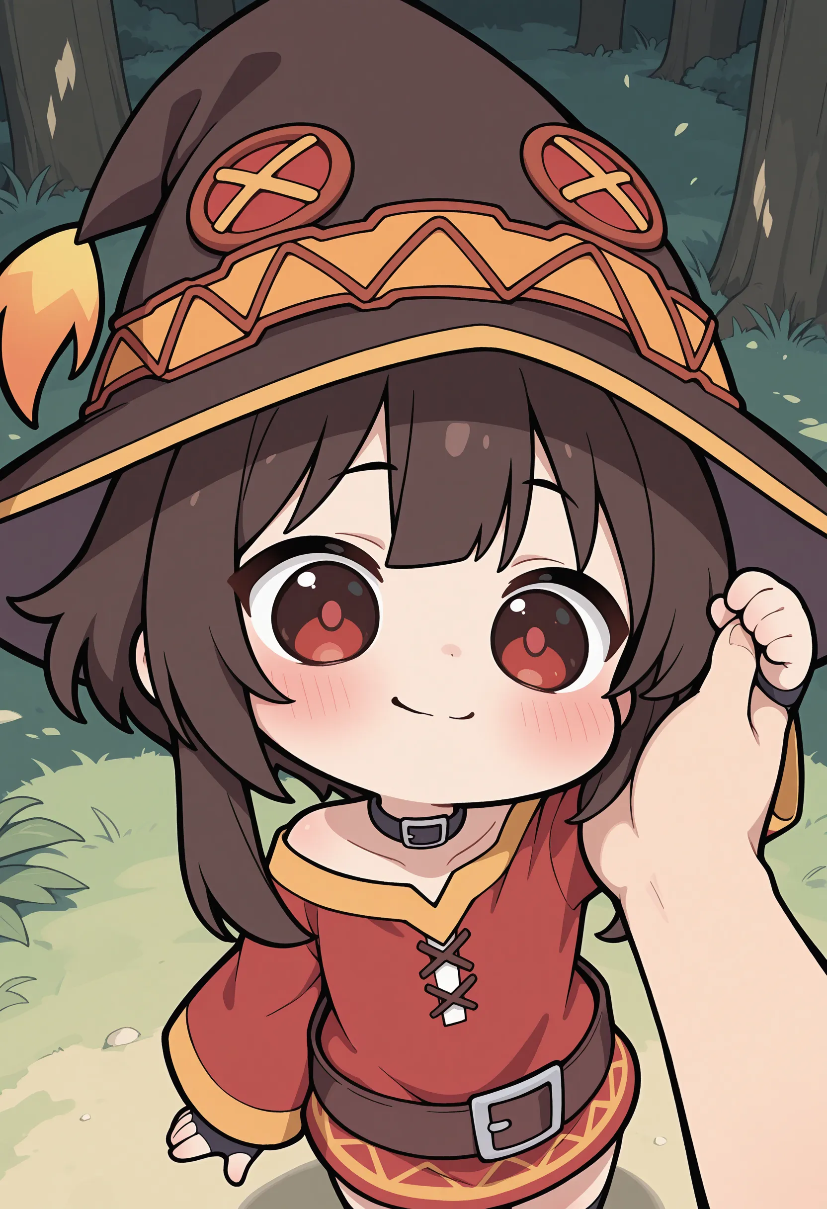 <lora:Diives_Style:0.7>, anime girl, megumin, upper body, smiling, happy, <lora:jbs2:0.9>, jbstyle, halftone shading, red and yellow, digital illustration, smooth shading, smooth gradient