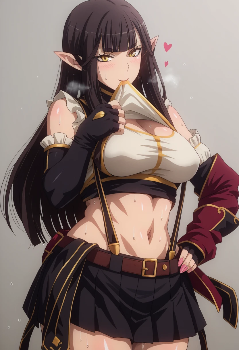(Harayutaka-style), score_9, score_8_up, score_7_up, score_6_up, uncensored, Semiramis, black hair, blunt bangs, long hair, pointy ears, sidelocks, yellow eyes, , Detailed Eyes, BREAK (Masterpiece:1.2), best quality, high resolution, (beautiful Detailed Eyes:1.3), perfect lighting, (perfect hands, perfect ), hearts, pleasured, 1girl, Alone, skirt, gloves, suspenderss, navel, suspenders_ skirt, black_ skirt, tank_top, Fingerless_gloves, crop_top, , sweat, hand_on_hip, Jewelry, shirt_lift, midriff, elbow_gloves, clothes_lift, white_tank_top, Looking_at_viewer, muscular female, grey_background, simple_background, elbow_pads, mini skirt, toned, lifted_By_ self , cowboy_shot, taut_clothes, black_gloves, _shoulders, taut_shirt, belt, shirt, pleated_ skirt, mouth hold, ((gasping)), ((heavy breathing))