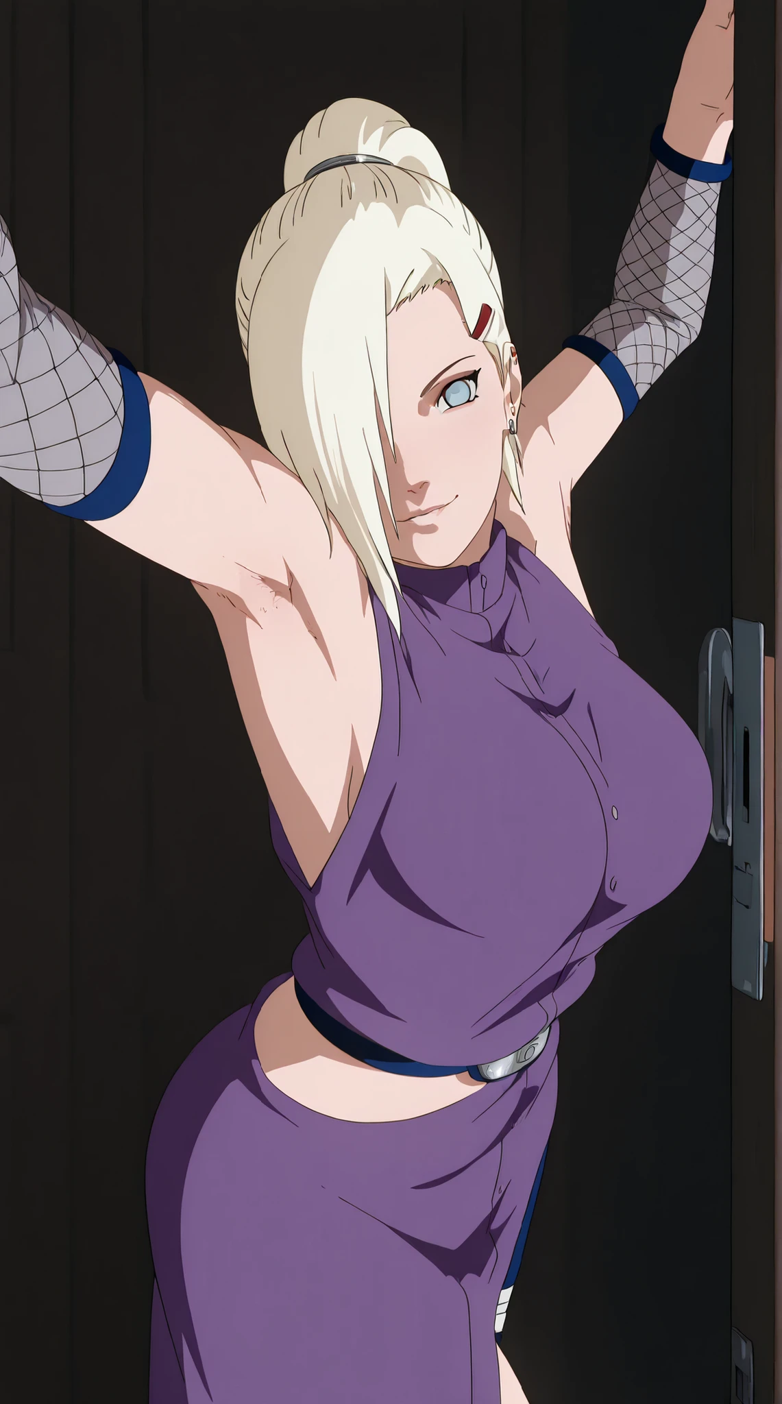 there is a cute teenager girl in a purple dress posing in he doorway of the bedroom's door for teasing, inspired by INO, ino yamanaka from naruto, () , rendered in sfm, anime art style, thicc, yamanaka ino, kunoichi, anime styled 2d, armpit, armpit showoff, high detailed image, looking at viewer with  gaze, ino yamanaka, 1girl, solo, purple shirt, hair_ornament, jewelry, hairclip, earrings, long_hair, hair_over_one_eye, realistic shaded, gently smile