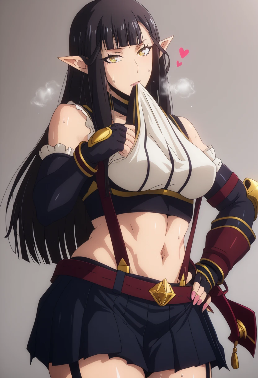 (Harayutaka-style), score_9, score_8_up, score_7_up, score_6_up, uncensored, Semiramis, black hair, blunt bangs, long hair, pointy ears, sidelocks, yellow eyes, , Detailed Eyes, BREAK (Masterpiece:1.2), best quality, high resolution, (beautiful Detailed Eyes:1.3), perfect lighting, (perfect hands, perfect ), hearts, pleasured, 1girl, Alone, skirt, gloves, suspenderss, navel, suspenders_ skirt, black_ skirt, tank_top, Fingerless_gloves, crop_top, , sweat, hand_on_hip, Jewelry, shirt_lift, midriff, elbow_gloves, clothes_lift, white_tank_top, Looking_at_viewer, muscular female, grey_background, simple_background, elbow_pads, mini skirt, toned, lifted_By_ self , cowboy_shot, taut_clothes, black_gloves, _shoulders, taut_shirt, belt, shirt, pleated_ skirt, mouth hold, ((gasping)), ((heavy breathing))
