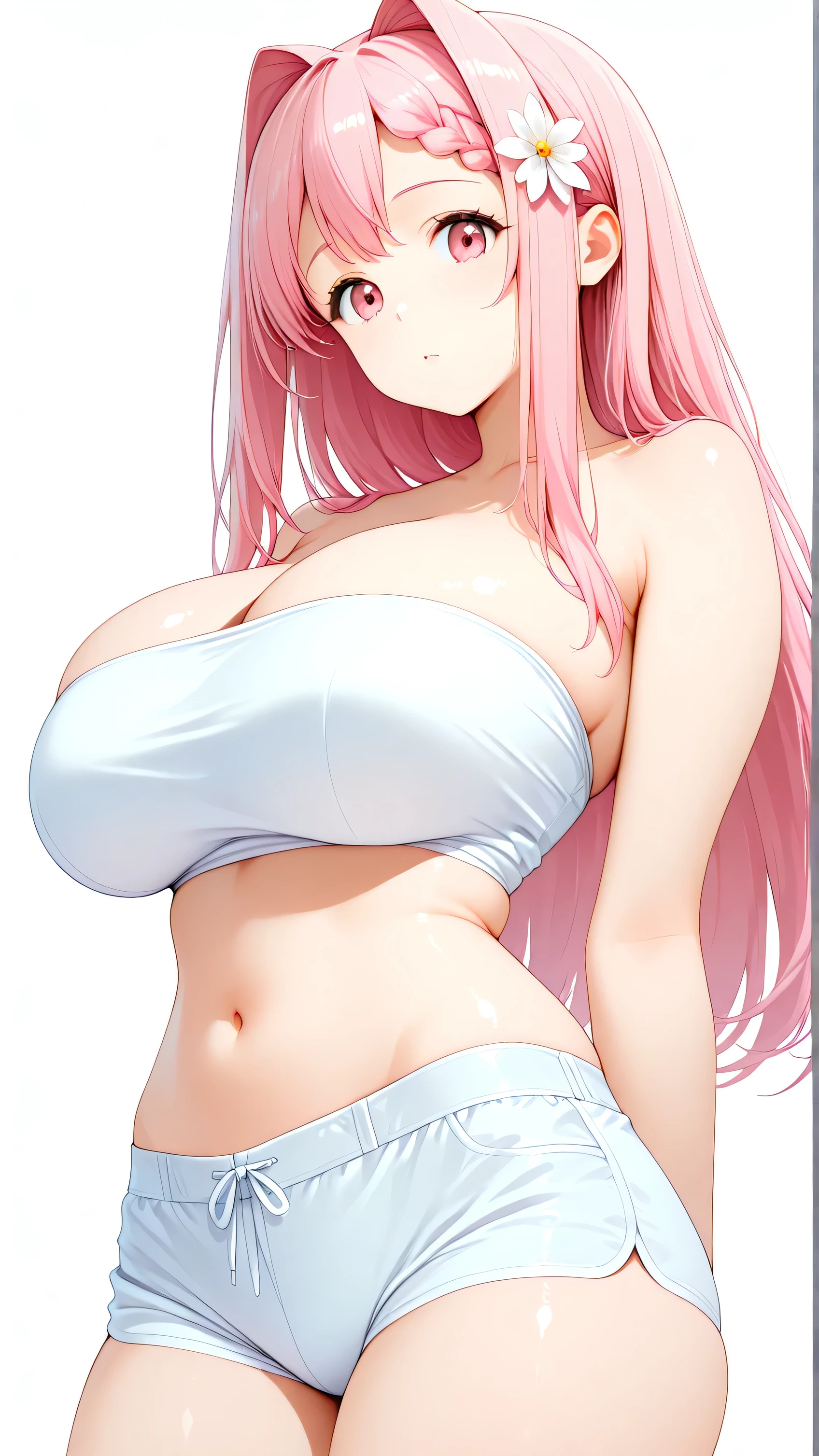 masterpiece,best quality,<lora:gotoh_hitori:1>,backless_outfit, cropped_legs, sleeveless_sweater, cube_hair_ornament, sleeveless, sideboob, simple_background, 1girl, looking_at_viewer, gotoh_hitori, sweater, white_background, solo, blush, white_sweater, bocchi_the_rock!, large_breasts, hair_ornament, virgin_killer_sweater, sweatdrop, from_side, meme_attire, ponytail, parted_lips, breasts, ass, shoulder_blades