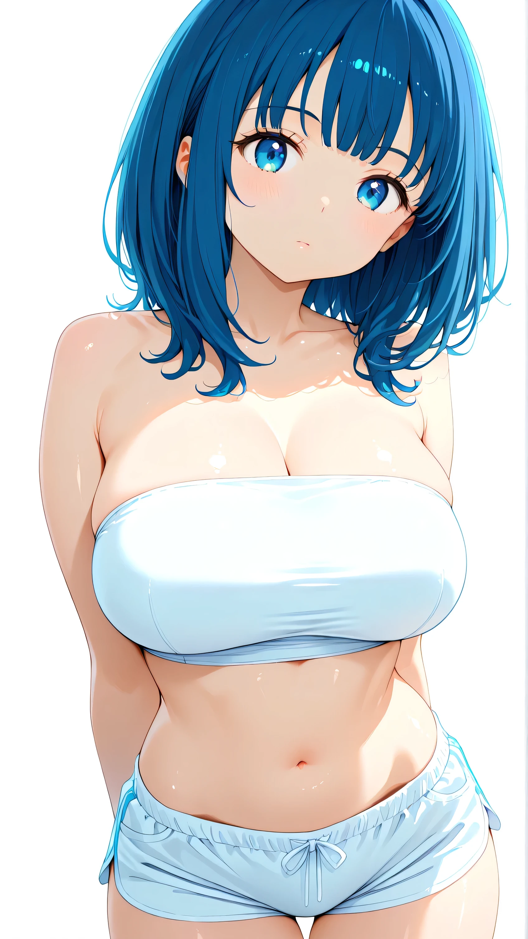 1 girl, Furina \(Genshin's influence\), Genshin's influence ,(masterpiece, Best quality:1.2), newest,big breasts, Detailed eyes,Perfect eyes, short hair, , perfect anatomy, Slim body, big tits,short hair, Author: omone hokoma agm,After a shower. Towel. back view, embarrassed. simple background,White background, ,standing, rating:obvious, rating:nsfv
