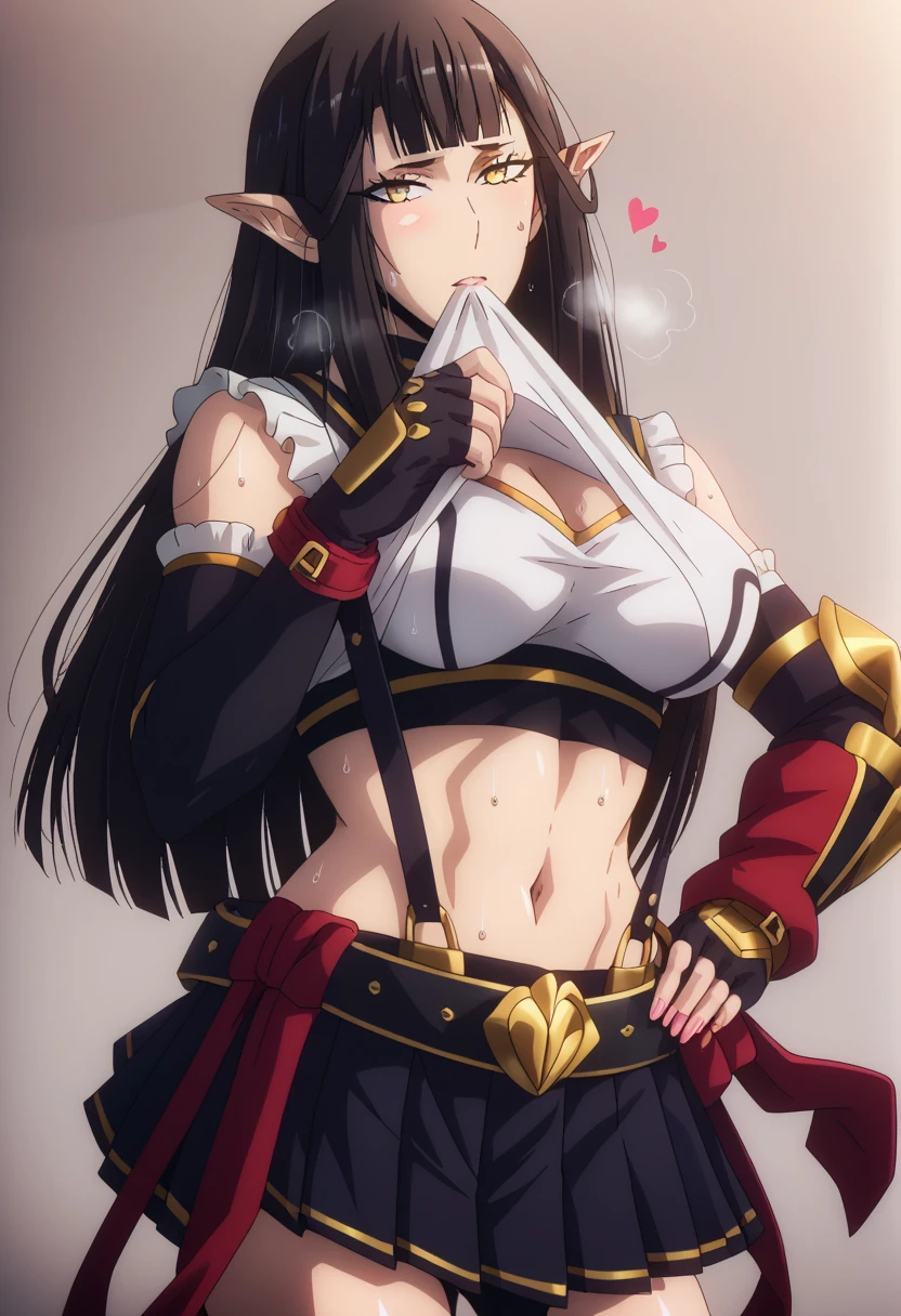 (Harayutaka-style), score_9, score_8_up, score_7_up, score_6_up, uncensored, Semiramis, black hair, blunt bangs, long hair, pointy ears, sidelocks, yellow eyes, , Detailed Eyes, BREAK (Masterpiece:1.2), best quality, high resolution, (beautiful Detailed Eyes:1.3), perfect lighting, (perfect hands, perfect ), hearts, pleasured, 1girl, Alone, skirt, gloves, suspenderss, navel, suspenders_ skirt, black_ skirt, tank_top, Fingerless_gloves, crop_top, , sweat, hand_on_hip, Jewelry, shirt_lift, midriff, elbow_gloves, clothes_lift, white_tank_top, Looking_at_viewer, muscular female, grey_background, simple_background, elbow_pads, mini skirt, toned, lifted_By_ self , cowboy_shot, taut_clothes, black_gloves, _shoulders, taut_shirt, belt, shirt, pleated_ skirt, mouth hold, ((gasping)), ((heavy breathing))