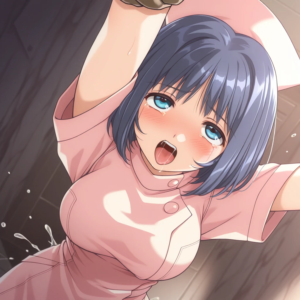 1girl, solo, nsfw,, (wearing nothing: 1.5), large breasts., empty eyes , haruna sairenji ,short hair, , purple eyes, blue hair, hairclip, big breasts, Abandoned amusement park、 file, crying ,flooding, abandoned hospital, fire, heavy snowfall, frozen, whole body, , lightning strike Peeing, lactation, projectile lactation (Sweating profusely, Love juice, Wet Woman, female ejaculation)