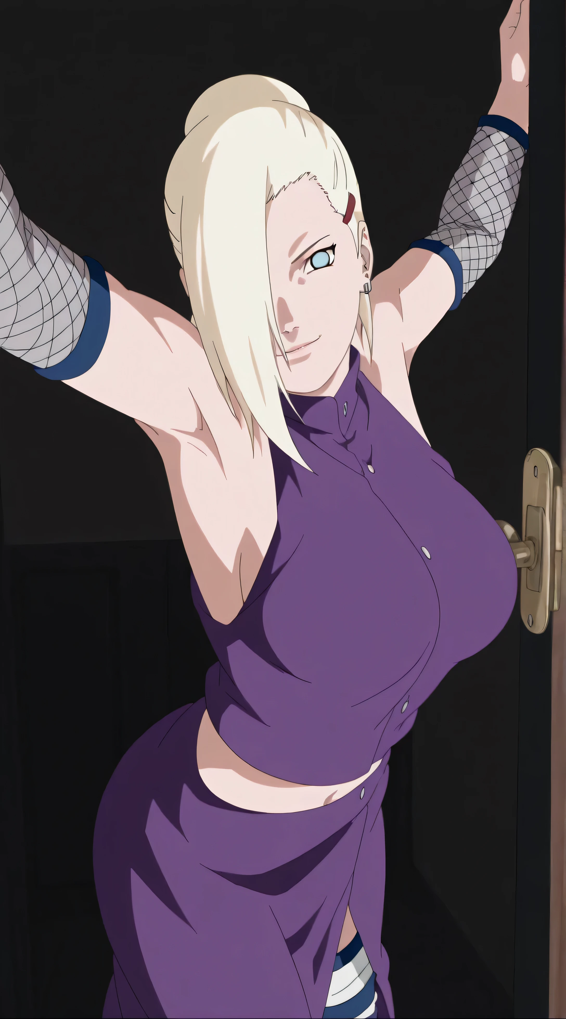 there is a cute teenager girl in a purple dress posing in he doorway of the bedroom's door for teasing, inspired by INO, ino yamanaka from naruto, () , rendered in sfm, anime art style, thicc, yamanaka ino, kunoichi, anime styled 2d, armpit, armpit showoff, high detailed image, looking at viewer with  gaze, ino yamanaka, 1girl, solo, purple shirt, hair_ornament, jewelry, hairclip, earrings, long_hair, hair_over_one_eye, realistic shaded, gently smile