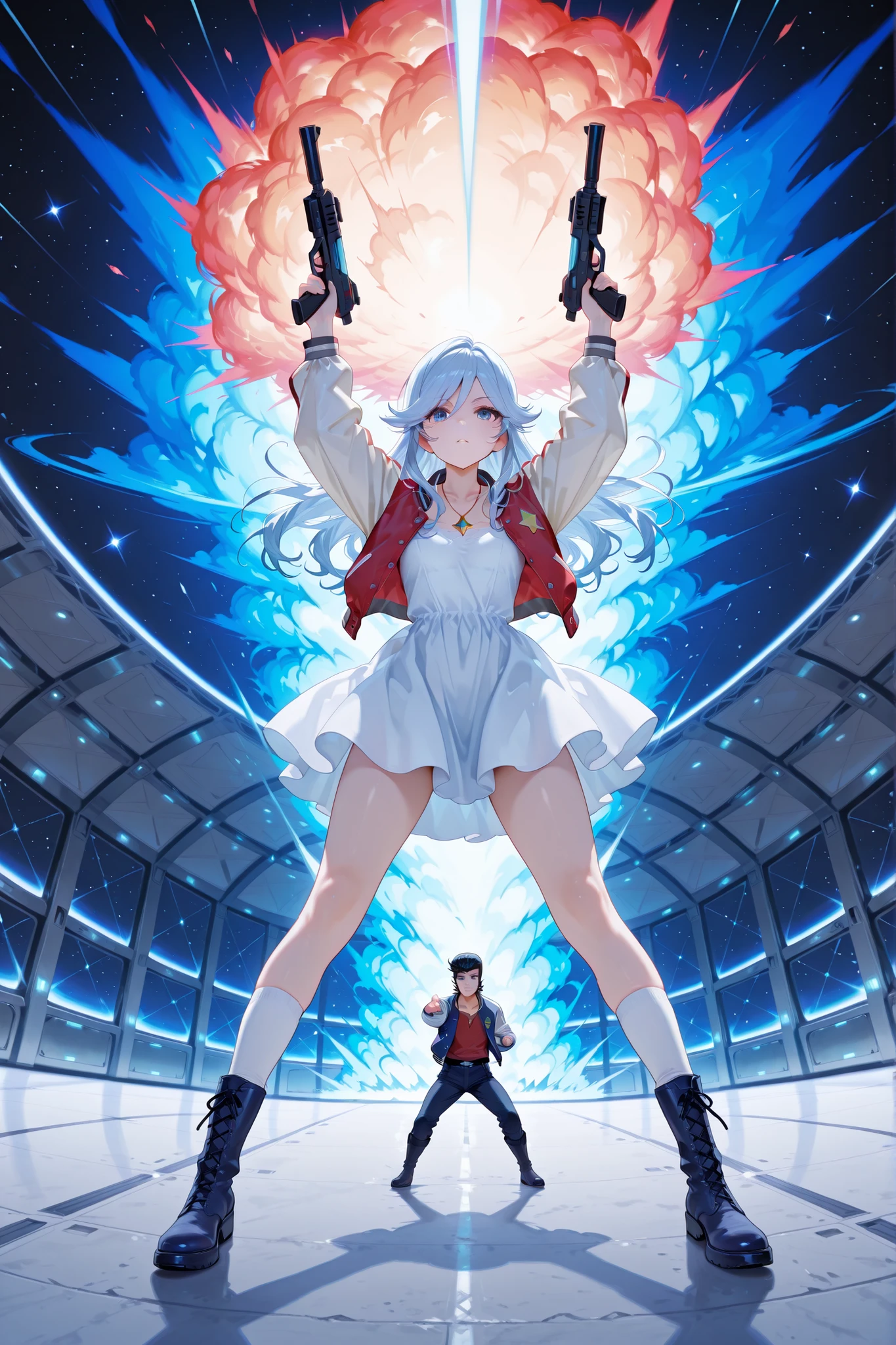 score_9, score_8_up, score_7_up, masterpiece, best quality, perfect facial features, highest resolution, 8k, amazing quality, (((detailed eyes, clear eyes))), dynamic composition, dynamic pose, face clearly visible, whole body, low angle, 1girl 1man, two people, space dandy, dandy \(space dandy\),pompadour,black hair,sideburns,letterman jacket,red shirt,necklace, BREAK kanbn, White to blue hair, bright blue eyes, Wearing a White Dress,There are gold stars on the skirt, white sleeves , White Over The Knee Socks, dark blue boots , with a gold star pendant around her neck, White to Blue Hair, bright blue eyes, BREAK Pointing at the front of the screen, full body, dynamic pose, dynamic composition, space-like pose, holding a space gun, top angle, face-forward pose, acrobatic composition, weightlessness, falling pose, striking a pose while falling, floating pose, space, space explosion, inside a spaceship, space colors, flashy atmosphere, colorful atmosphere, colorful explosion, colorful blast,