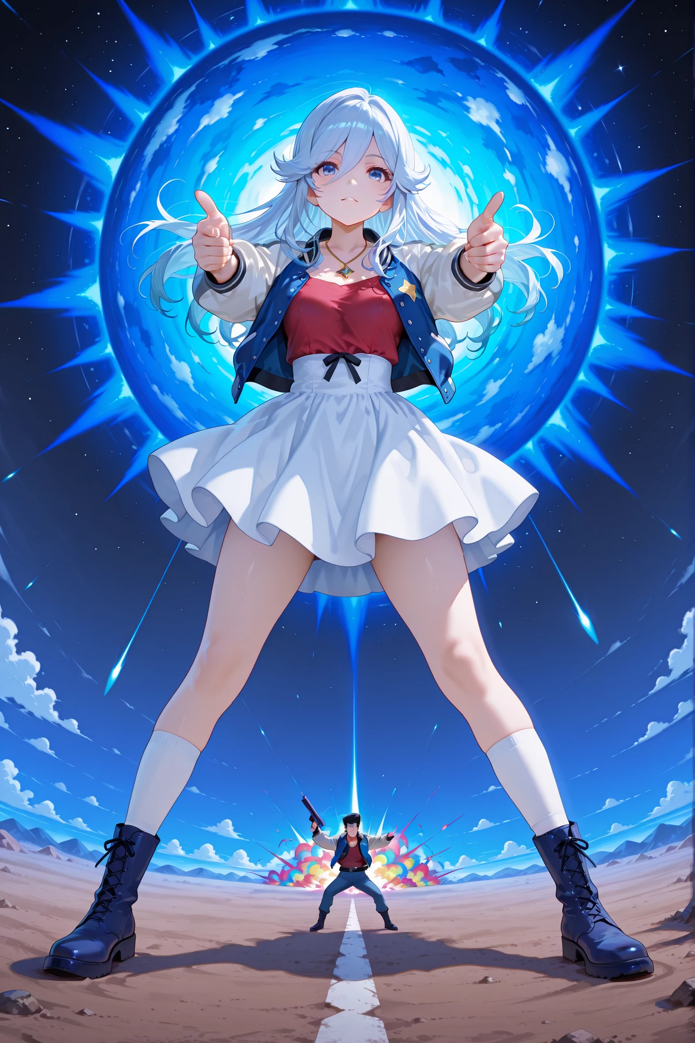 score_9, score_8_up, score_7_up, masterpiece, best quality, perfect facial features, highest resolution, 8k, amazing quality, (((detailed eyes, clear eyes))), dynamic composition, dynamic pose, face clearly visible, whole body, low angle, 1girl 1man, two people, space dandy, dandy \(space dandy\),pompadour,black hair,sideburns,letterman jacket,red shirt,necklace, BREAK kanbn, White to blue hair, bright blue eyes, Wearing a White Dress,There are gold stars on the skirt, white sleeves , White Over The Knee Socks, dark blue boots , with a gold star pendant around her neck, White to Blue Hair, bright blue eyes, BREAK Pointing at the front of the screen, full body, dynamic pose, dynamic composition, space-like pose, holding a space gun, top angle, face-forward pose, acrobatic composition, weightlessness, falling pose, striking a pose while falling, floating pose, space, space explosion, inside a spaceship, space colors, flashy atmosphere, colorful atmosphere, colorful explosion, colorful blast,