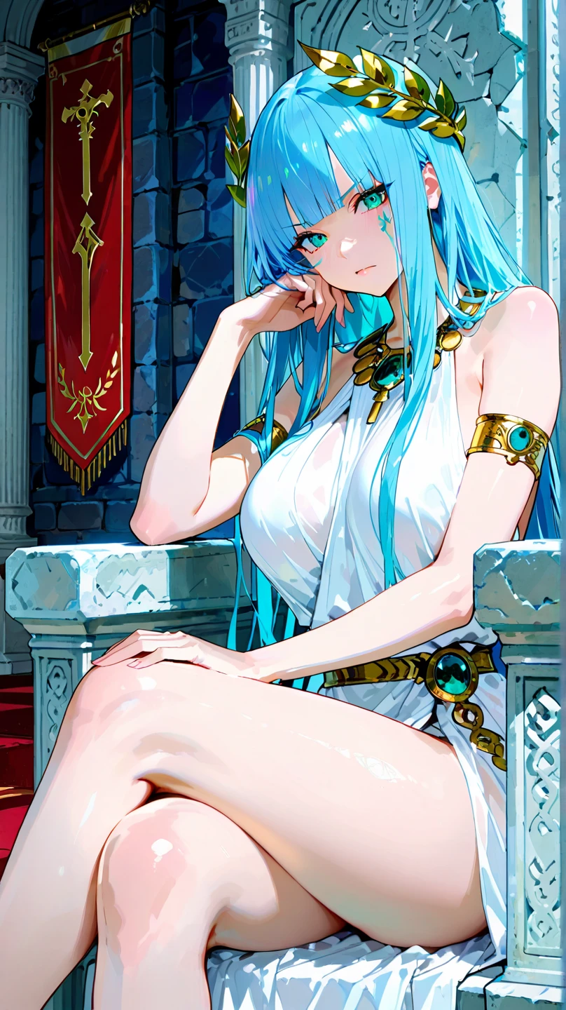 (masterpiece, best quality:1.5), <lyco:Lyria-v2-000008:1.0>, Lyria, blue hair, long hair, blue eyes, looking at viewer, The queen sits on her throne in the throne room of the castle. She has a very narrow waist, and a large breast in her chest. There is a blade in her shoulder, and it is almost as though she is about to thrust it into the stone. Jessica Frank, Dylan Cole, and Vincent van Gogh, Barret Frymire, Dan Volbert, Hieronymous Bosch, Ed Repka, Pablo Picasso, Greg Hildebrandt, Alex Horley, and Mark Brooks, with sharp focus, golden hour, dreamy ethereal lights, neo-primitivism, golden ratio, art nouveau, Bauhaus classicism, cherry blossoms, pink and gold, german romanticism, tarot, (small breasts, naughty face:1.4),