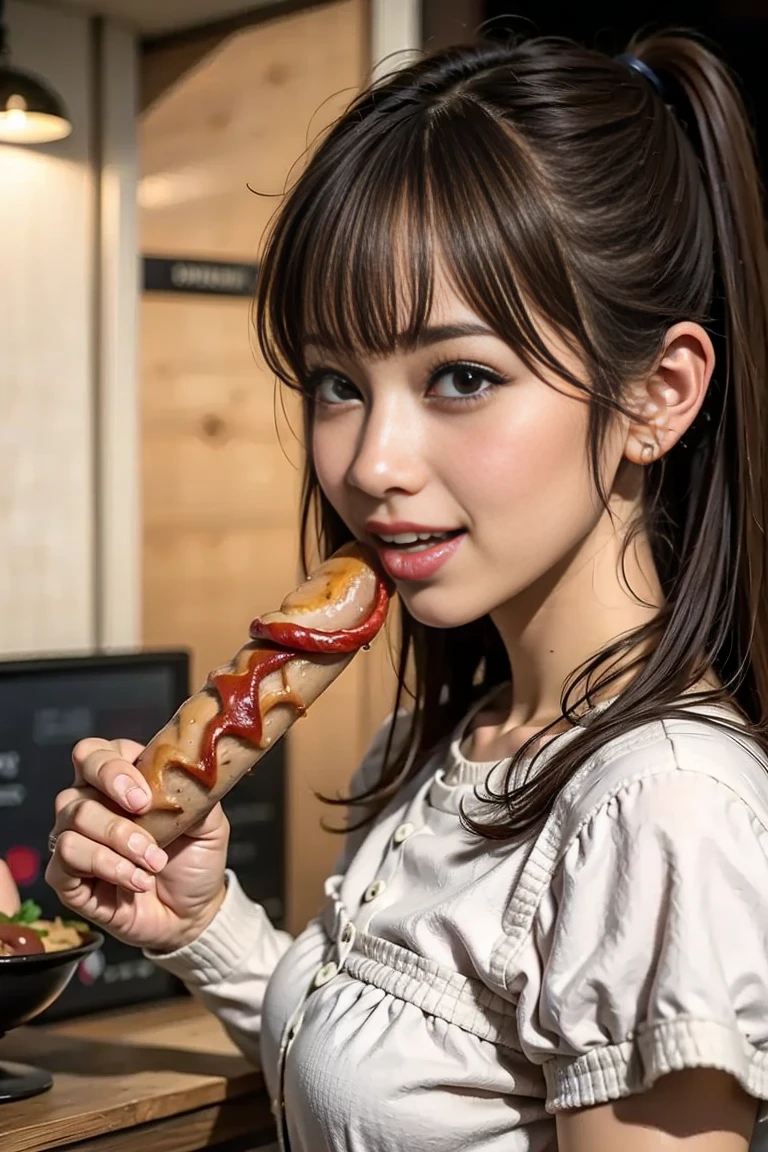 NSFW、highest quality、8K、masterpiece、ultra high resolution、clear pictures、realistic pictures、Photoreal、professional lighting、Cinematography、very short hair、delicate body、small breasts、white underwear、eat brown sausage:1.4、put sausage in mouth、close up of face、Blowjob