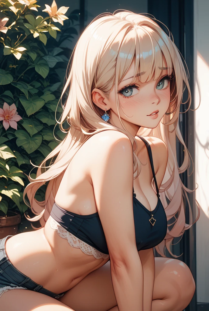 masterpiece, best quality, wolf girl, elegant, 1girl, wolf ears, wolf tail, cute, blushed, looking at viewer, from above, blonde wavy hair, barumas, white and black tank top, blue eyes, beautiful eyes, beautiful background, light particles, sun rays, dramatic lighting, outside, shiny, realistic, masterpiece, best quality, ultra-detailed, detailed, scenery, beautiful detailed eyes, detailed hair