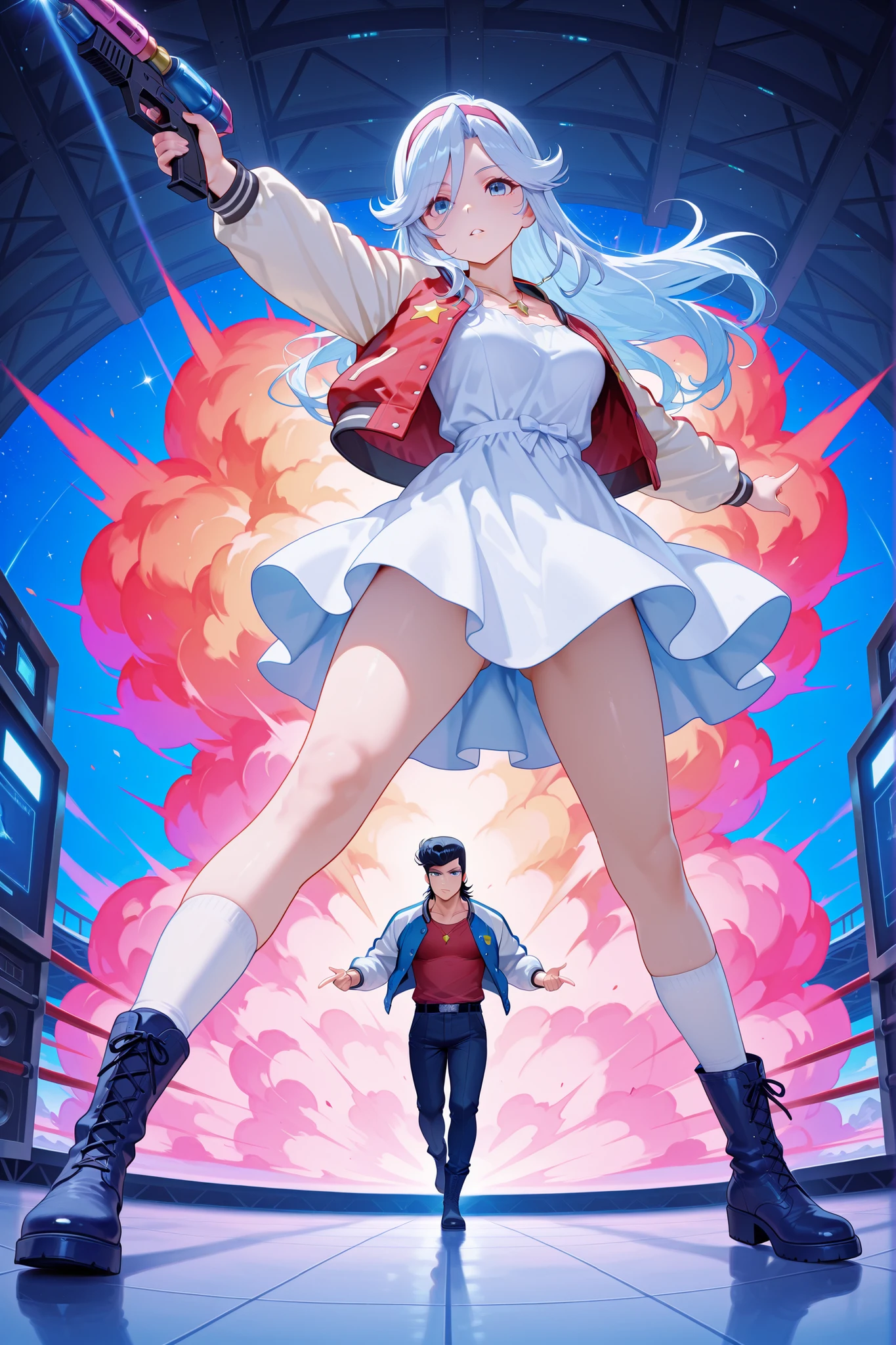 score_9, score_8_up, score_7_up, masterpiece, best quality, perfect facial features, highest resolution, 8k, amazing quality, (((detailed eyes, clear eyes))), dynamic composition, dynamic pose, face clearly visible, whole body, low angle, 1girl 1man, two people, space dandy, dandy \(space dandy\),pompadour,black hair,sideburns,letterman jacket,red shirt,necklace, BREAK kanbn, White to blue hair, bright blue eyes, Wearing a White Dress,There are gold stars on the skirt, white sleeves , White Over The Knee Socks, dark blue boots , with a gold star pendant around her neck, White to Blue Hair, bright blue eyes, BREAK Pointing at the front of the screen, full body, dynamic pose, dynamic composition, space-like pose, holding a space gun, top angle, face-forward pose, acrobatic composition, weightlessness, falling pose, striking a pose while falling, floating pose, space, space explosion, inside a spaceship, space colors, flashy atmosphere, colorful atmosphere, colorful explosion, colorful blast,