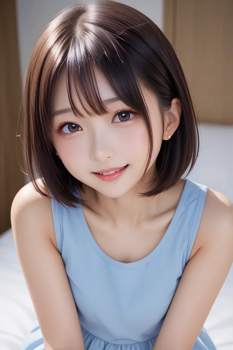 bright表情、photorealistic stick:1.32、highest quality、超A high resolution、Photos of the most beautiful Japan girls、cute and beautiful face details、small face、(Pueros face_V1:0.008)、美しいbangs、10 years old、Brilliant white skin、hair gets tangled in face、顔まで伸びるbangs、bangs、hair between eyes、charming brown silky hair、bright、Clear light blue eyes shine charmingly、dynamic pose、highest quality、disorganized、((the cutest girl in the world))、Japanese、on the bed、((dress with frills:1.3))、(half side up hair:1.3)、(tie with a thin ribbon)、nice and cute、innocent smile、nice smile、Bumpy chest、(small breasts:1.3)、(Crawl on all fours and look up:1.3)、ponytail、brown hair、thin waist、detailed beautiful eyes、view audience、Upper body、close up of face、Front view、