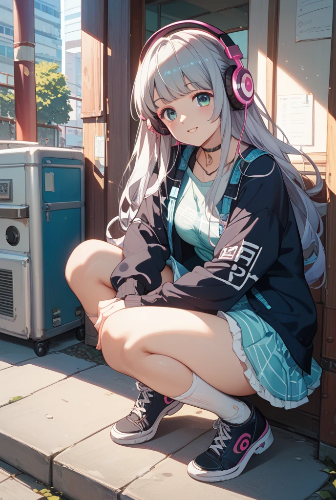 masterpiece, best quality, highres, ddshion, 1girl, long hair, braid, headphones around neck, cat tail, hood up, animal hood, hooded jacket, pink bow, purple necktie, long sleeves, sleeves past wrists, purple skirt, pleated skirt, white thighhighs, thigh strap, <lora:murasaki_shion_v1:0.75>, cowboy shot, squatting, street