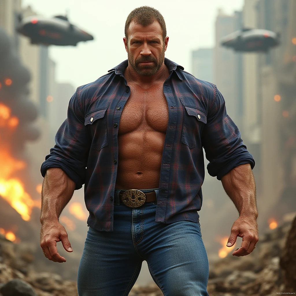 a middle-aged male firefighter walks out of a burned down house, dynamic pose, open shirt, (((bulge))), ((hairy body)), muscular body, brown hair, green eyes, beard, night, octane render, highest quality, masterpiece, <lora:more_details:0.7>, dirty clothes, ultra sharp, frustrated brow