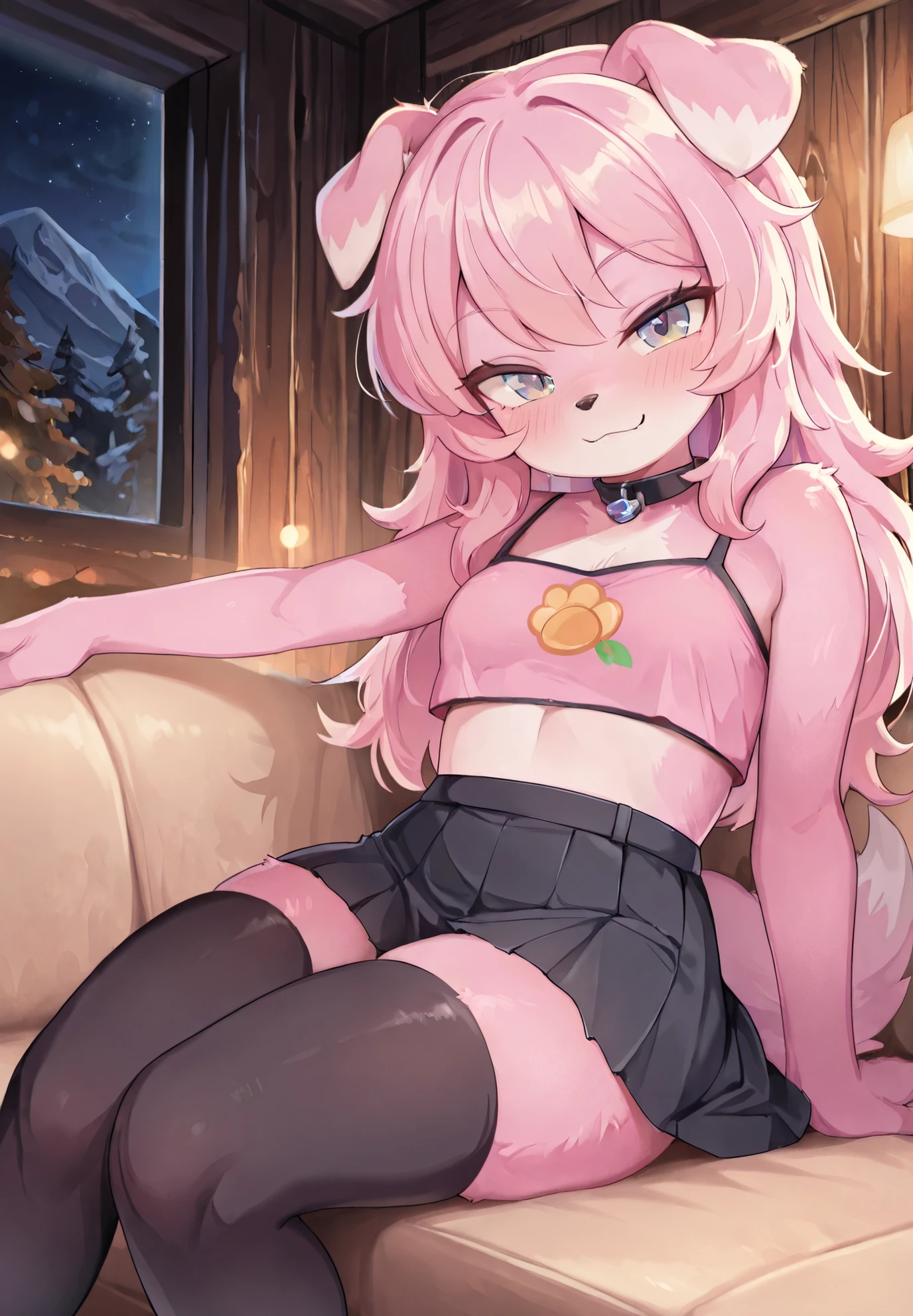 Source_furry, 1girl, solo, Skye \(paw patrol\), paw patrol, anthro, dog girl, fluffy fur, pink fur, collar, semi long hair, crop top, skirt, thigh highs, sitting on a sofa, mountain cabin, night time, ,  pose, alluring atmosphere, cinematic lighting and shadows, BREAK,masterpiece,top quality,warm color,high resolution,high fashion,absurdres extremely,vivid colors,intricate details,best quality,amazing quality,very aesthetic,newest,ultra-detailed, ,