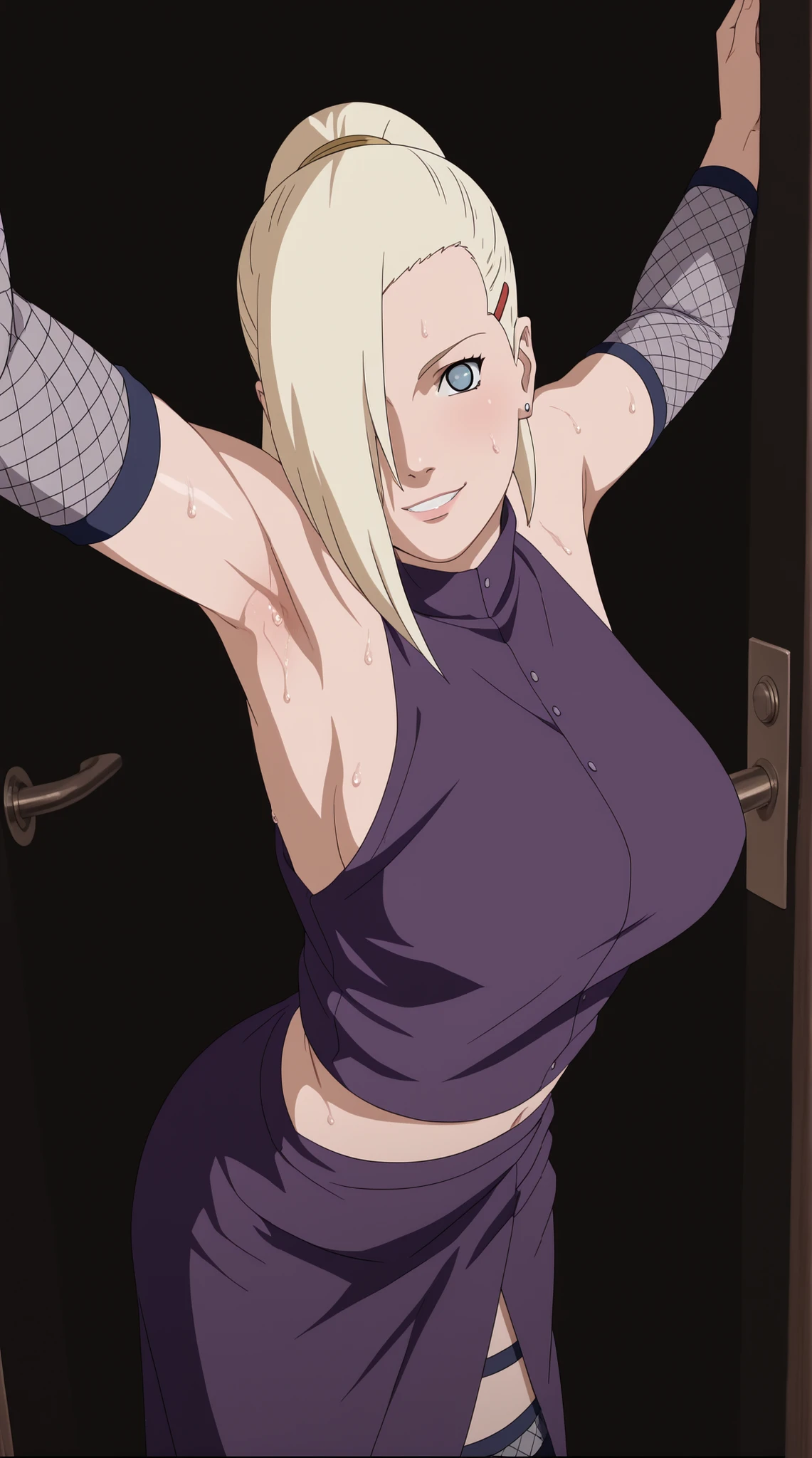 there is a cute teenager girl in a purple dress posing in he doorway of the bedroom's door for teasing, inspired by INO, ino yamanaka from naruto, () , rendered in sfm, anime art style, thicc, yamanaka ino, kunoichi, anime styled 2d, armpit, armpit showoff, high detailed image, looking at viewer with gaze, ino yamanaka, 1girl, solo, purple shirt, hair_ornament, jewelry, hairclip, earrings, long_hair, hair_over_one_eye, realistic shaded, gently smile, relaxed expression, ultrarealistic shaded, sweaty