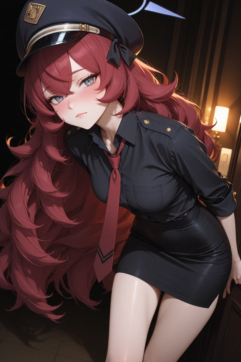 masterpiece, best quality, highres, 1girl, solo, red hair, long hair, ahoge, green eyes, medium breasts, bare shoulders, black necktie, white shirt, detached sleeves, long sleeves, armband, white gloves, belt, black skirt, <lora:rusalka_schwagerin_v1:0.6>, indoors, sitting, sofa, crossed legs,