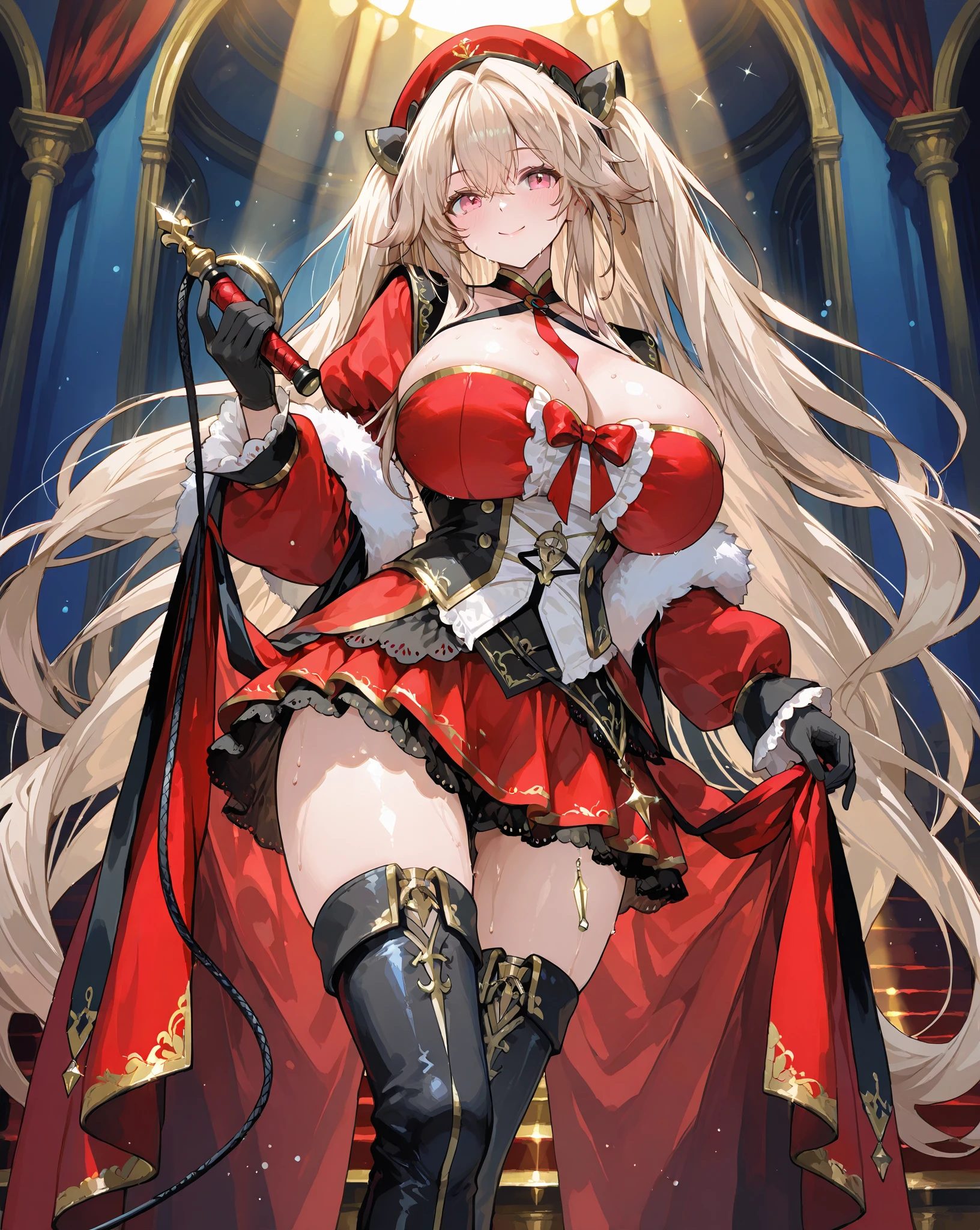 1girl, solo, :o, sunlight, masterpiece, best quality, (white pupil:1.2), eyelashes, (cute girl:1.1), highres, 1girl, solo, long hair, skirt, long legs, large breasts, (skirt lift:1.3), standing, forest,castle,fantasic_building,
<lora:pecoxmasV2:0.5>,pecorine,pecorine (princess connect!),ahoge,hair_between_eyes,blue_eyes,orange_hair,blonde hair,long hair,17 year old girl,very_large_breast,ahoge,sideboob,smile,
pecorine_christmas_cloth,, weapon, breasts, solo, sword,cape, boots, fur trim, tiara, cleavage, dress, large breasts, holding weapon,, holding, holding sword, looking at viewer, gloves, very long hair, fur-trimmed cape, fingerless gloves, brown footwear, blush, red dress,cape,santa_costume,figerless_gloves,