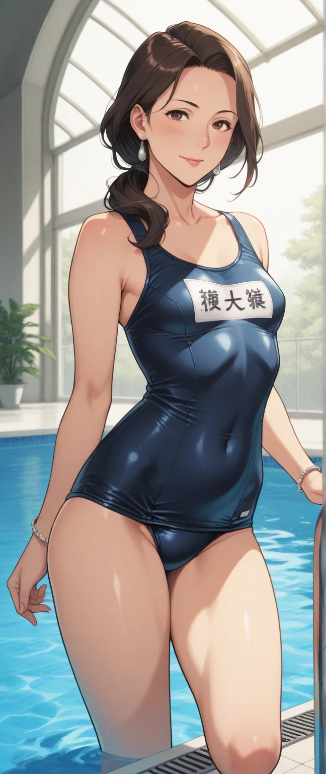 Black Hair、(Semi-long hair、Shoulder-length hair、Black Hair)、Navy blue competitive swimwear、(Highest quality:1.3)、One girl、(((Semi-long hair、Shoulder-length hair、Black Hair)))、Cowboy Shot、At the school pool、Naked butt、Big Ass、Sweat、masterpiece, Highest quality, High resolution, 超High resolution, RTTX 10.0, Pixel perfect, Written boundary depth, 4K, Very detailed、Embarrassed expression、Browsing Caution、Open navy blue swimsuit、