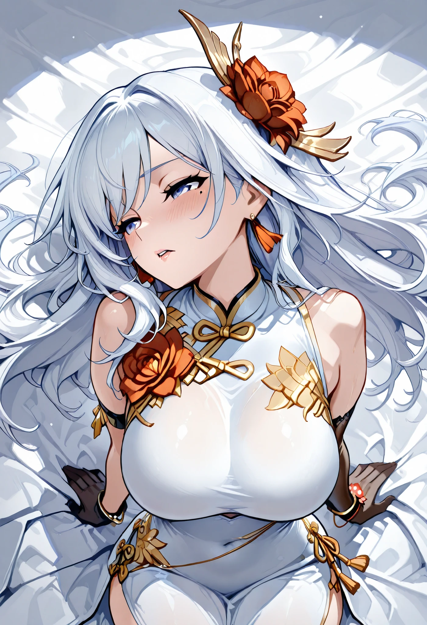 My jaw is greatly curved,Raise a panting voice,violently agitating half-closed eyes,Lover grabs her chest,Armlet on left arm,Handmade bracelet,sleeveless china ,anime girl,long white hair,and a flower in her hair,Anime Goddess,Zodiac knight portrait girl whose dress is wet and see-through, Haise Jinyao,Genshin Characters,Keking, Full Body Senxia ,Pictures of Women with Long White Hair Bound at the Back,long white hairで,perfect girl,large breasts with good shape,thin waist,mole under eye,long gloves,earrings,no background,close your eyes,kind eyes,kind expression,Blush,is embarrassed,Open Lips,Very large bed,lies with her whole body stretched out on a white sheet,A woman lies down,, correct The hair bundled in the back is a braid, cowboy shot with a close cute face, Open your legs from side to side boldly