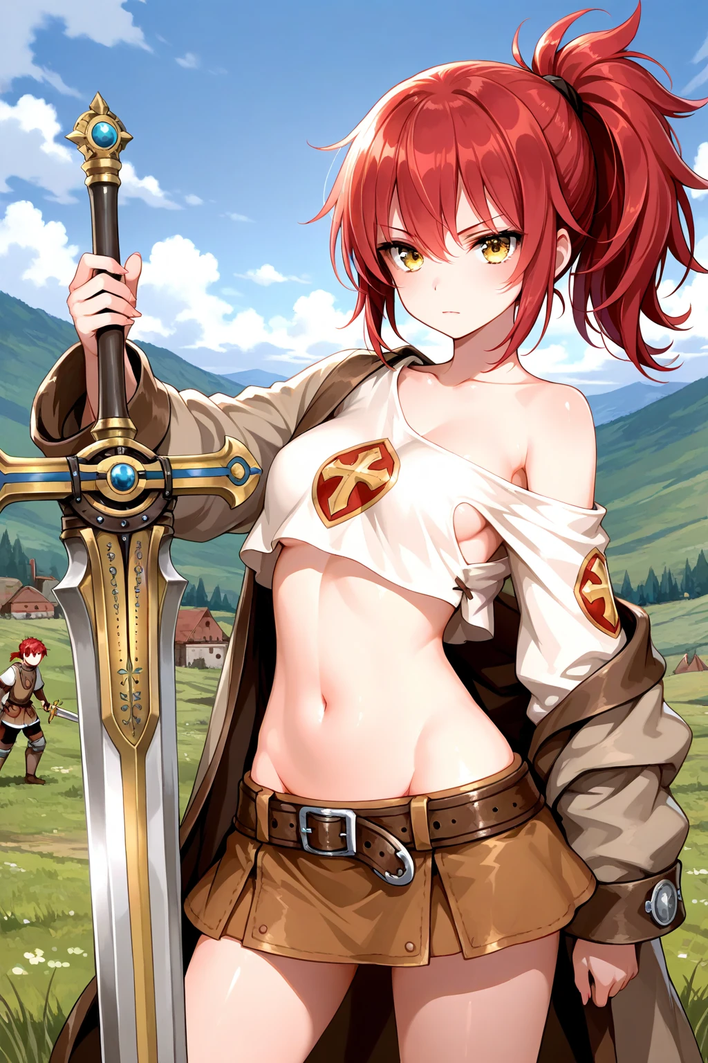 <lora:mageROV1.6-000008:0.83>, mageRo, long pelvic curtain, midriff, knee boots, long loincloth, black elbow gloves, navel, o-ring, capelet, red bra,
short hair, red hair, purple eyes,
tattoo, public tatoo,
1girl, solo, ((boring)), looking at viewer,
sitting, sitting on floor, legs up, knee up, knees together feet apart, between thighs,
hand on floor, hand on head, full body,
outdoor, grass, forest, tree, mountain, sun, sunlight, cloud, senset,