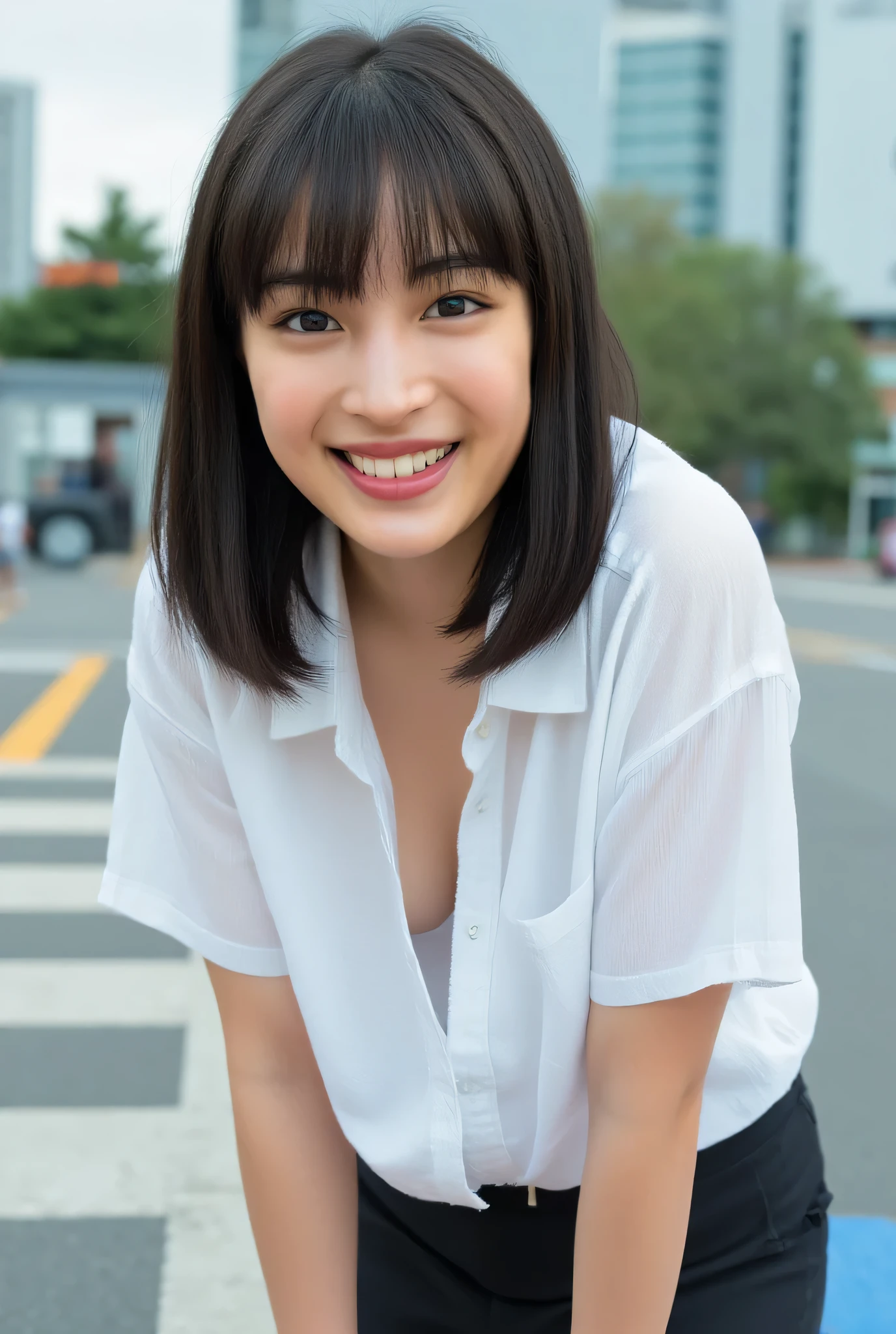 High Precision。masterpiece。a beautiful Japanese woman lying face down。 front view。Jet Black Hair。A loose, oversized business shirt with a collar is worn with the upper body bare and unbuttoned。buttoned business shirt standing at an intersection。(Unbuttoned :1.3)。(no bra:1.3)。波打ち際にis standing。sea。( forward leaning posture:1.3)。Hands on knees。smile。pure white teeth。looking at the camera。is standing。Chest。Chest Valley。Between the breasts。