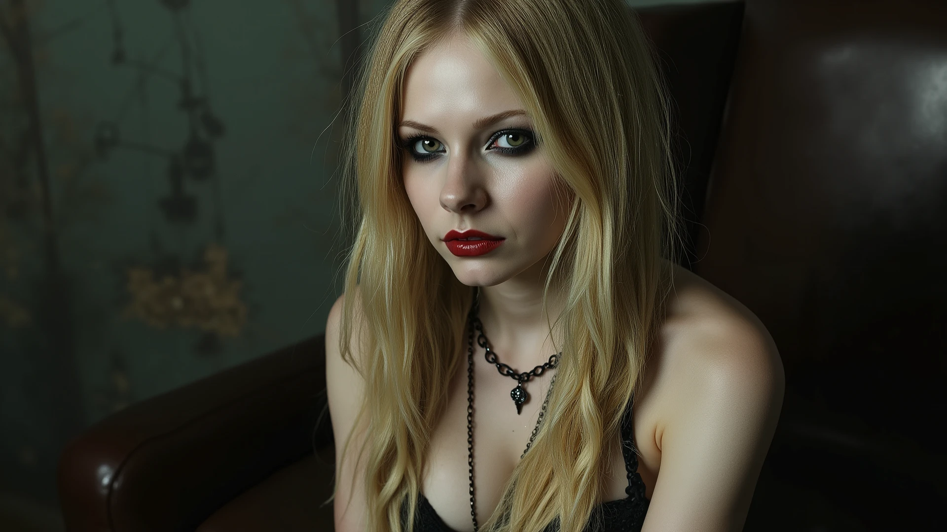 (best quality, ultra-detailed, photorealistic: 1.39), bright and vibrant colors, studio lighting, romantic expression, An effeminate girl, with a delicate and beautiful face. Beautiful and young slender woman with her very long long braid blonder hair matches the gothic makeup, her green eyes and mischievous black parted lips, with her large seductive breasts, cleavage, Punk-style Gothic dark blonder hair, voluminous breasts, voluminous breasts, plaid shorts, long black lace socks, lace strapless blouse, goth. She have a horny face, like a manwha character, chain details, walking in leaning pose, seductive cleavage, manga style, anime features manga style, fully body, create a female vampire character, slanted and blue eyes, pale skin dressed in a tight dress, in his bedroom. intense sultry eye contact, dark winged eyeliner, reaslistic skin texture.photorrealistic. seductive glossy cherry red lips. dark glossy goth makeup. facing the viewer. looking with lust into the viewers eyes. horny face expression. firm fake round breasts. choker. sitting upright with legs spread on a chair, thigh gap, legs spread, worshipping her master, manspreading, hands behind back, hands not visible,feet obscured and not visible