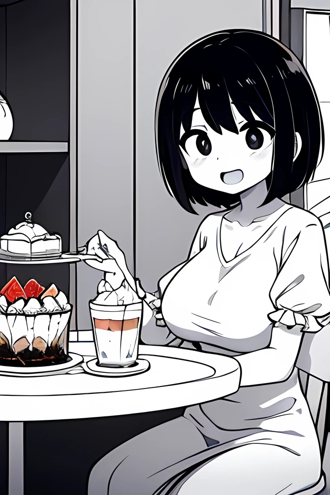 ((( Line art ))),((( monochrome:1.1))),ideal ratio body proportions,1girl ,solo,iris , Dark Eyes ,( small eyes ),(Slanted Eyes) ,open pupils ,(black hair),( short hair ),bangs ,open mouth ,((short stature)),((white long tunic with frills)) ,((v-neck)), (short sleeve),(trumpet sleeve), (big breasts ), (disproportionate breasts) ,table ,chair,sitting chair,fruits parfait on the table,((impressed )),(((happy ))),looking at parfait ,indoor,coffee shop ,upper body ,angle from front,