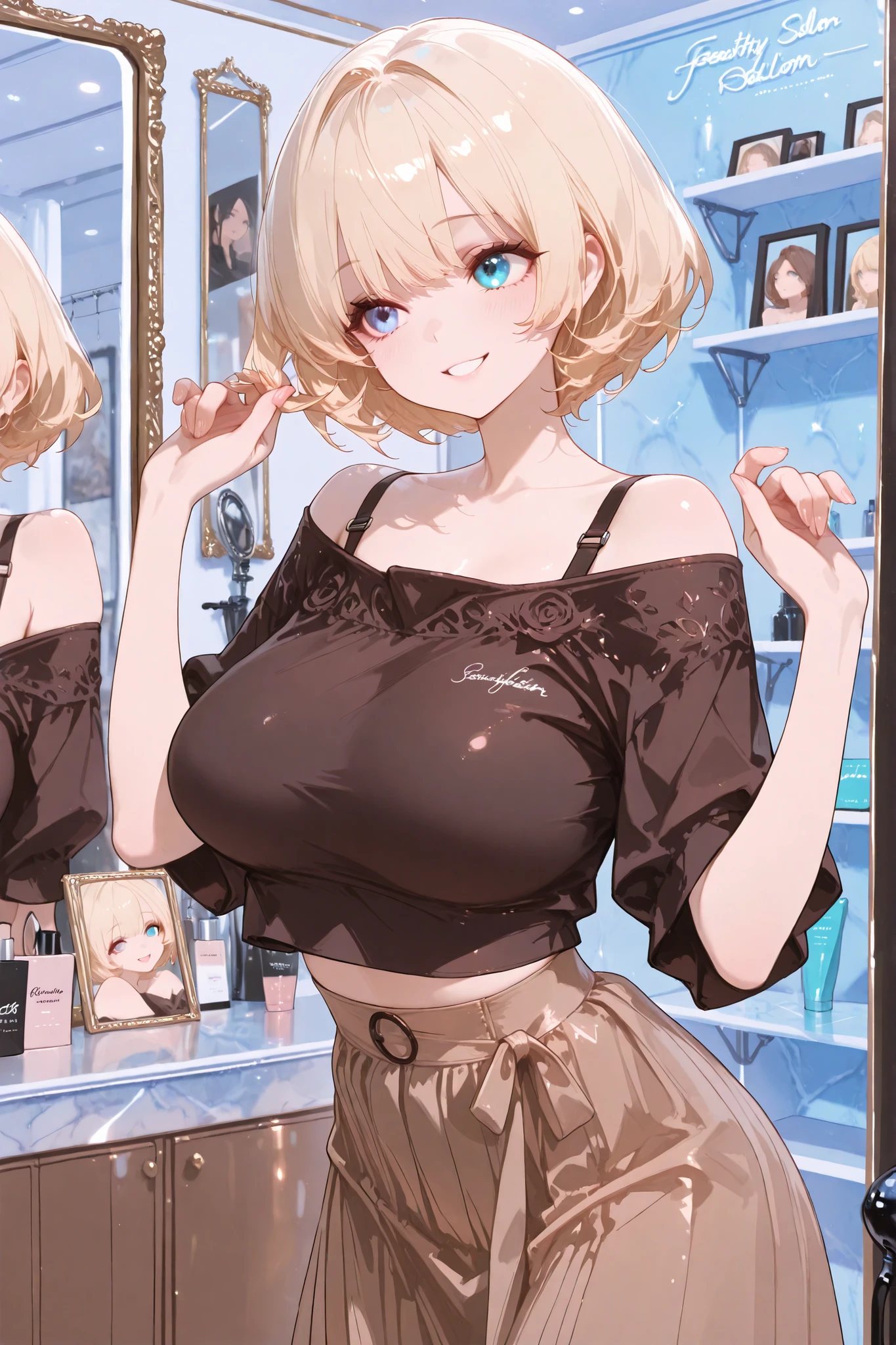 masterpiece, Highest Quality, intricate details, high resolution, Accurate Fingers, solo, girl,
short hair, Blonde,
heterochromia, blue eyes, Light Blue Eyes, large breast,
beauty salon, Hair Salon, mirror, Fashion Magazines, reception,
smiling, Playing with hair,
off shoulder, Shoulder straps, black cropped shirt, brown long skirt,