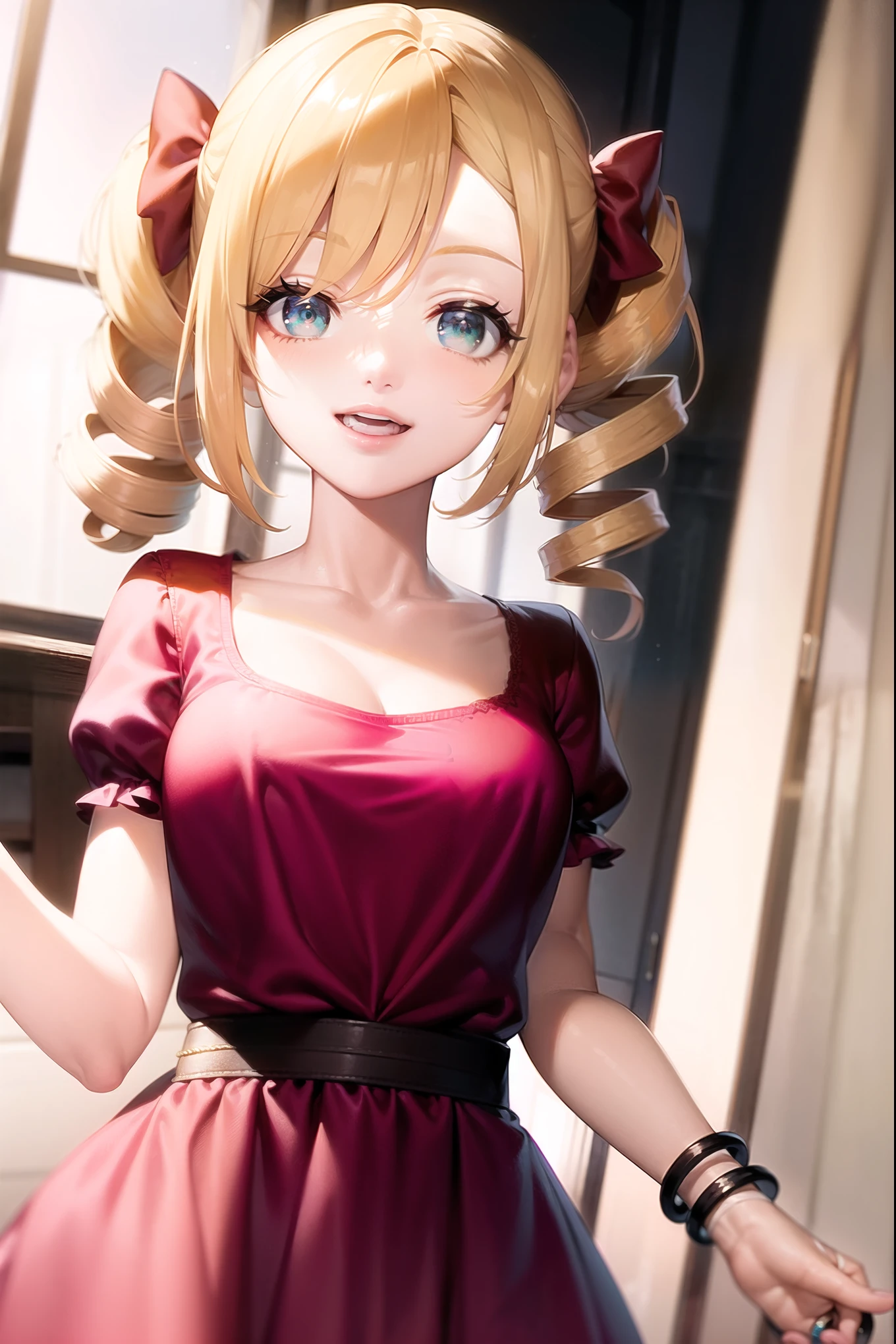 masterpiece, key visual, 1girl, :d, bangle, blonde hair, bracelet, curtains, dress, drill hair, green eyes, indoors, jewelry, long hair, looking at viewer, open mouth, pink bow, pink dress, pink shirt, puffy short sleeves, puffy sleeves, short sleeves, smile, solo, upper body, window, lakyus, 