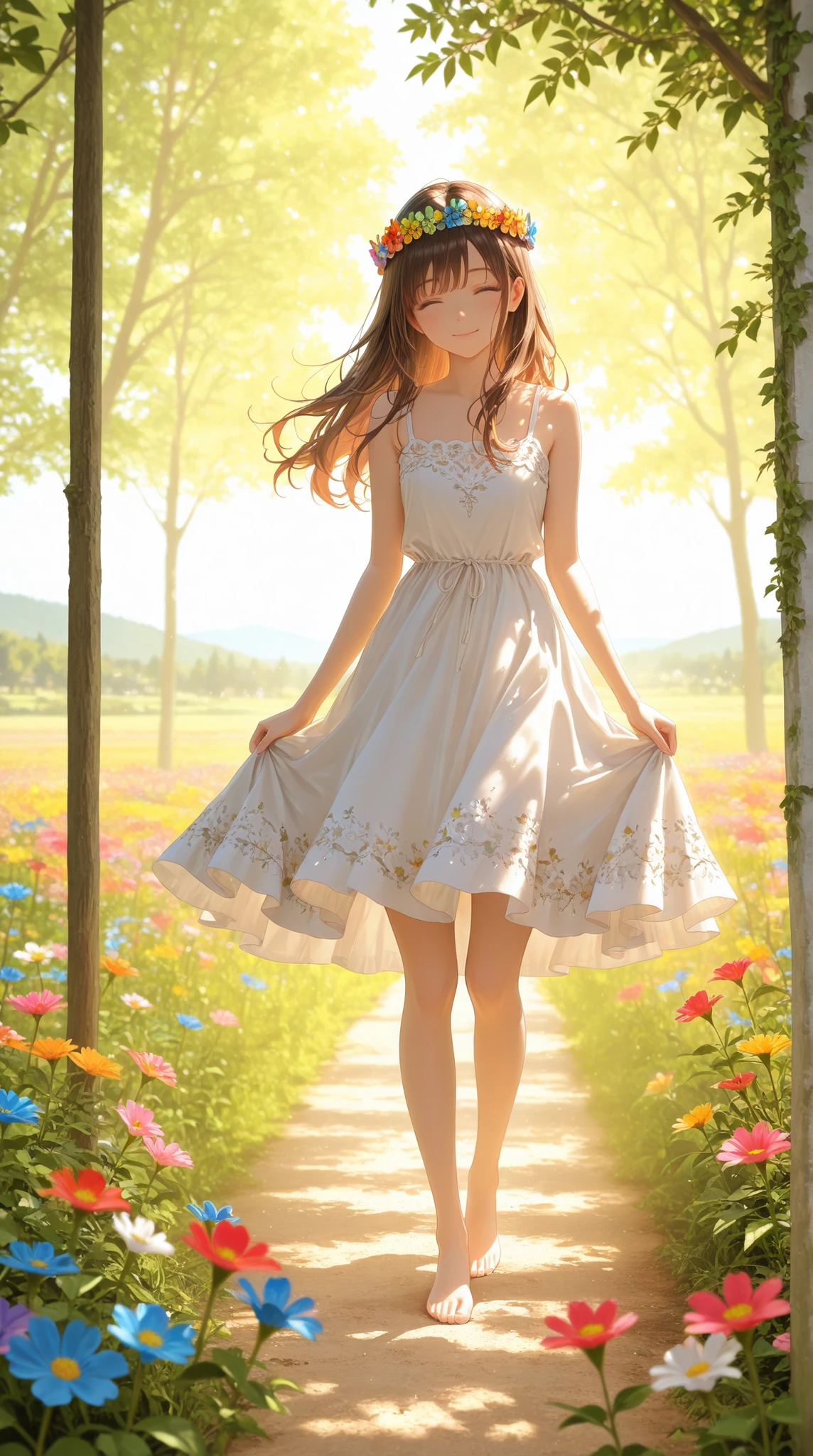 1 girl, beautiful young woman, long brown hair, warm smile, serene expression, standing in a lush green meadow, surrounded by colorful wildflowers, golden sunlight filtering through the trees, intricate floral crown, flowing white dress, barefoot, peaceful countryside landscape, photorealistic, high resolution, ultra-detailed, vivid colors, natural light, masterpiece