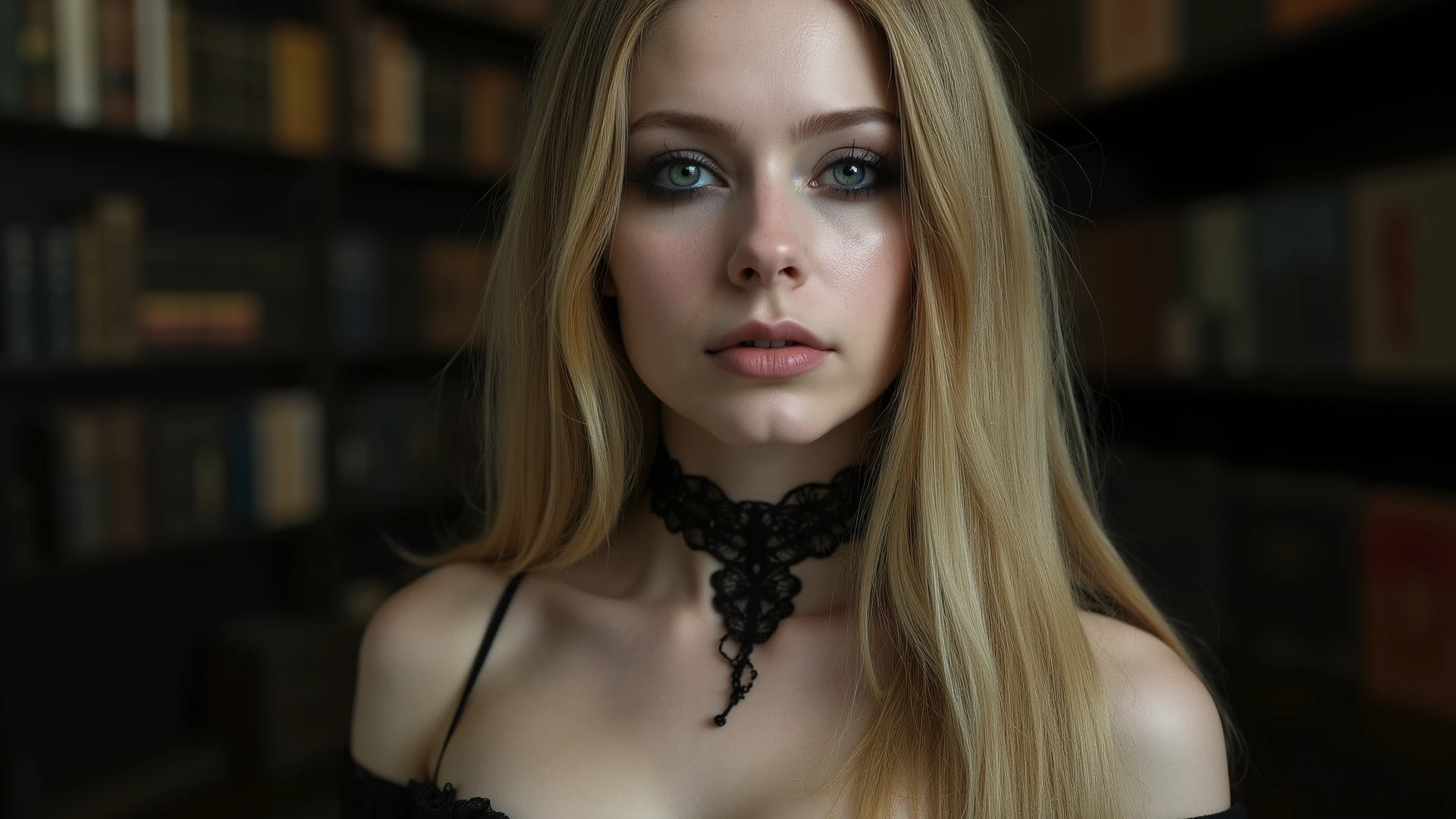Create a photorealistic portrait of a stunningly beautiful Close-up blue eyes, blond young woman as a Ghotic courtesan 22 years old, with a sweet, girly appearance bearing a short off-the-shoulder black dress cinched with a black corset, fishnet tights, and a lacy choker.   Height: 165 cm, Weight: 48 kg    Rebellious on the outside, but secretly a bit of a nerd inside, generous curves, dark academia background. 