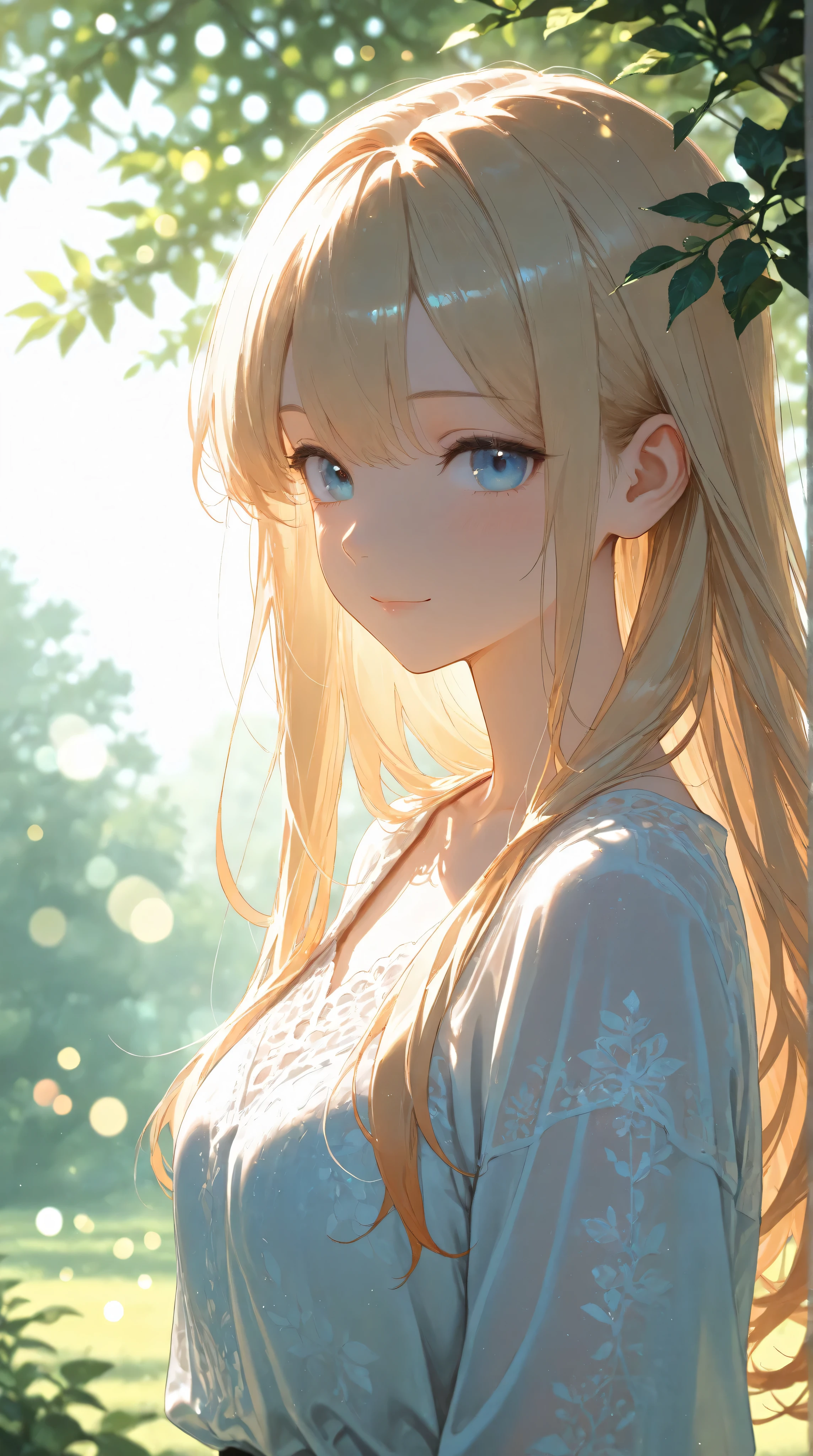 1 girl, best quality, high resolution, ultra-detailed, vivid colors, natural light, masterpiece, young woman, delicate facial features, serene expression, flowing hair, natural pose, peaceful atmosphere, lush natural environment, warm sunlight, detailed foliage, HDR, UHD, studio lighting, ultra-fine painting, physically-based rendering, extreme detail, professional, vivid colors, bokeh