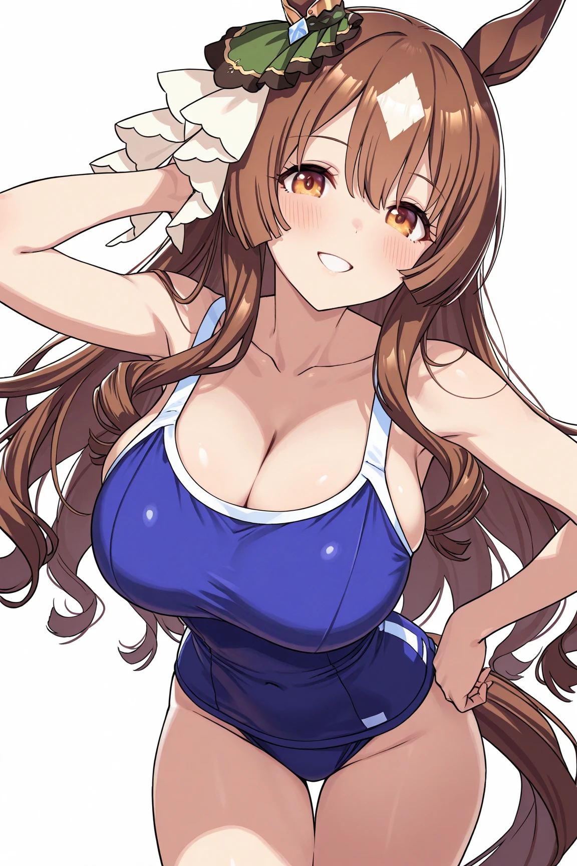 1girl, breasts, brown hair, solo, smile, happy, parted lips, blushing, blush, collarbone, navel, sweating, looking at viewer, long hair, purple eyes, white pupils, large breasts, leaning forward, (tank top:1.3), (yoga pants:1.3), (arms behind back:1.3), bangs, braid, eyebrows visible through hair, mature female, curvy, ((masterpiece)), ((best quality)), extremely detailed illustration, depth of field, sharp focus, soft lighting, hdr, colorful, good composition, cowboy shot, (white background:1.4), transparent background,
<lora:mamako :0.85>