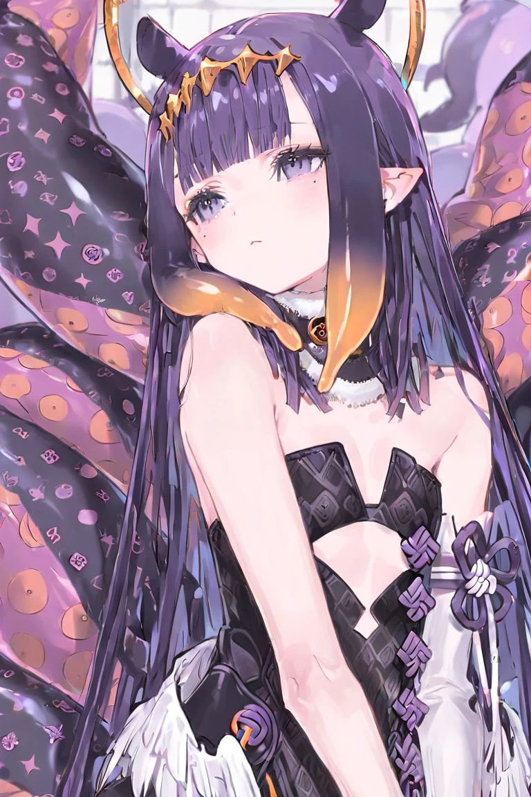 (masterpiece, best quality, highres, absurdres, ultra-detailed:1.3), 1girl, (slim, toon, medium breasts), <lora:Squeezer2:0.4>, <lora:newgrounds_zone-tan-10:0.6>zone-tan, hair over one eye, ahoge, drill hair, skull hair ornament, off-shoulder sweater, black thighhighs, purple hair, blue eyes,<lora:riding_a:0.8>(riding on a octopus:1.3), <lora:add_detail_v1:0.8>