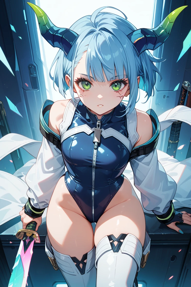 masterpiece, high res, detailed face, detailed eyes, anime screencap, sao, 1 girl, solo, hands behind the back, slender, angry, tears, frustrated, kneeling, seen from above, long hair, top knot, hair down, blue hair, blue eyes, blue black bodysuit, black hightighs, torn clothes, full body, cowboy shot, cyberpunk, indoors, <lora:Lievre SAO FB:1>