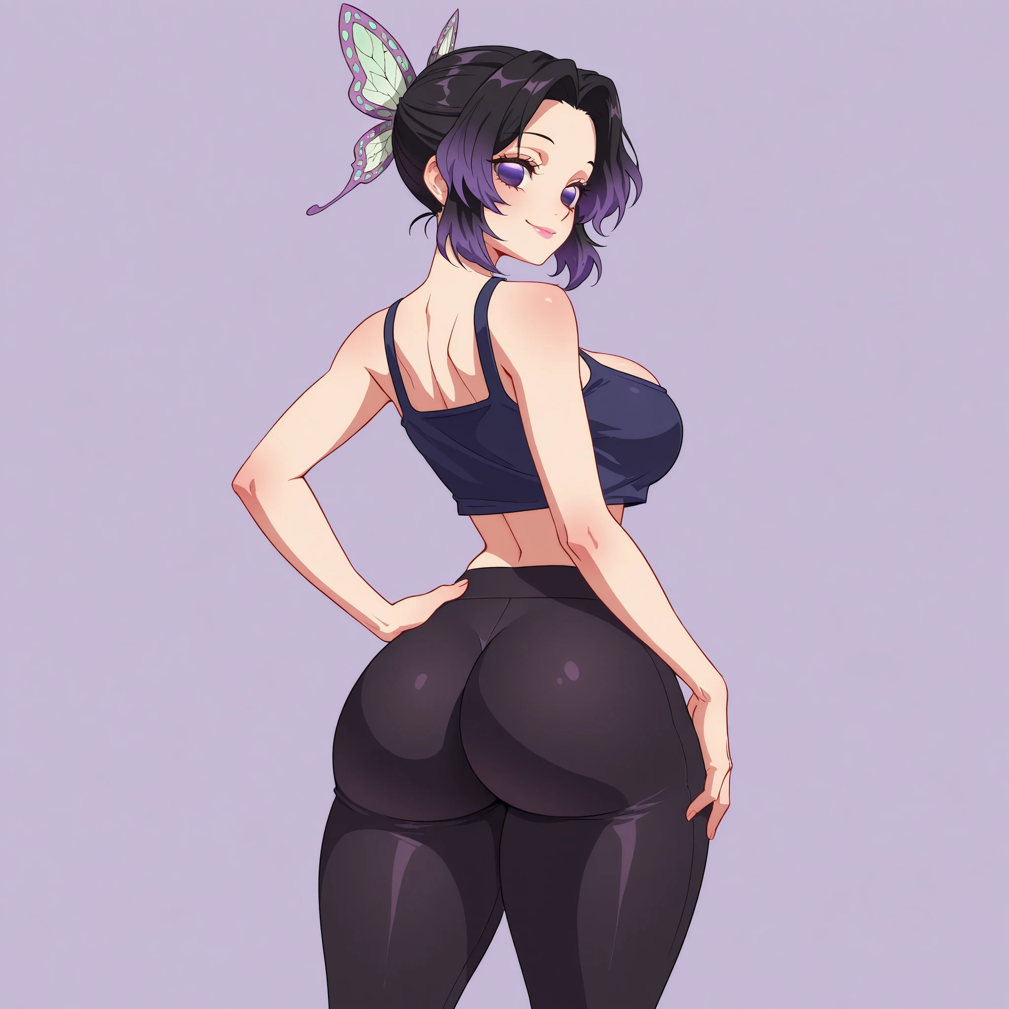 masterpiece, ultra-HD, impressionism, high detail, best quality, very aesthetic, 8K, best quality, beautiful, ultra-high resolution, 32K UHD, 1girl, solo, shinobu kochou, black hair, forehead, gradient hair, hair ornament, multicolored hair, parted bangs, ponytail, purple hair, short hair, two-tone hair, purple eyes, eyelashes, pink lips, big breasts, narrow waist, wide hips, thick thighs, shapely legs, slim, blue crop top, cleavage, black leggings, blushed, smile, cute, hand on hips, standing, looking at the viewer, simple background, from behind view, ass focus