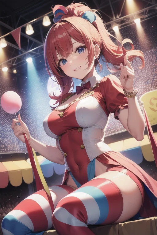 (best quality,4k,8k,highres,masterpiece:1.2),ultra-detailed,(realistic,photorealistic,photo-realistic:1.37),vivid colors,bokeh,studio lighting,sharp focus,physically-based rendering,professional,portraits,a 19 years old, girl in a circus/theater aesthetic, smiling, smug, innocent, detailed eyes and face, exited eyes, eye contact with viewer, beautiful detailed lips,long eyelashes,perfect anatomy, perky breasts, colorful hair, wearing a colorful and extravagant jester costume , leaning towards viewer, hands behind back, against a vibrant and dynamic background composed of circus/theater elements such as colorful balloons,sparkling confetti and glowing stage lights,with a mischievous smile on her face and a confident and playful pose,creating a sense of joy,extravagance,and excitement. side view, shot from above