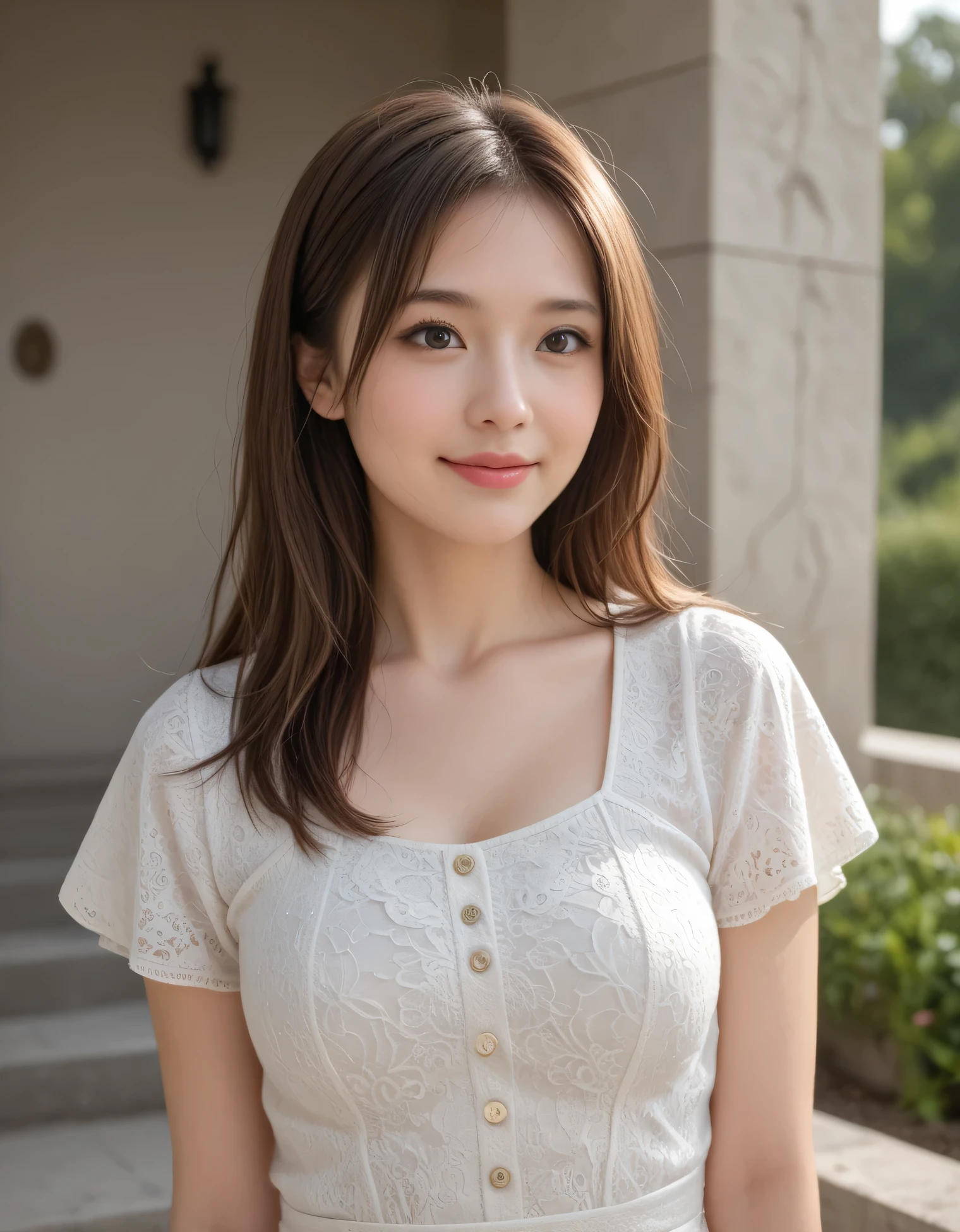 (Photorealistic: 1.4), (Hyperrealistic: 1.4), Portrait photography, Close-up face, (Professional cinematic lighting, key light, fill light, backlight), Masterpiece, Ultra high resolution, 8K, One beautiful Japanese girl, looking away, brown eyes, She has a pure and clean appearance, Intelligent, A gentle and shy smile, Busty, Her long hair is blowing in the wind, Skin texture, Ultra-detailed, Ultra-detailed face, Detailed lips, Detailed eyes, Detailed body skin, Summer dress, Slim, narrow waist, skinny,
In the background, you can see the courtyard with stone steps of an Italian stone house.