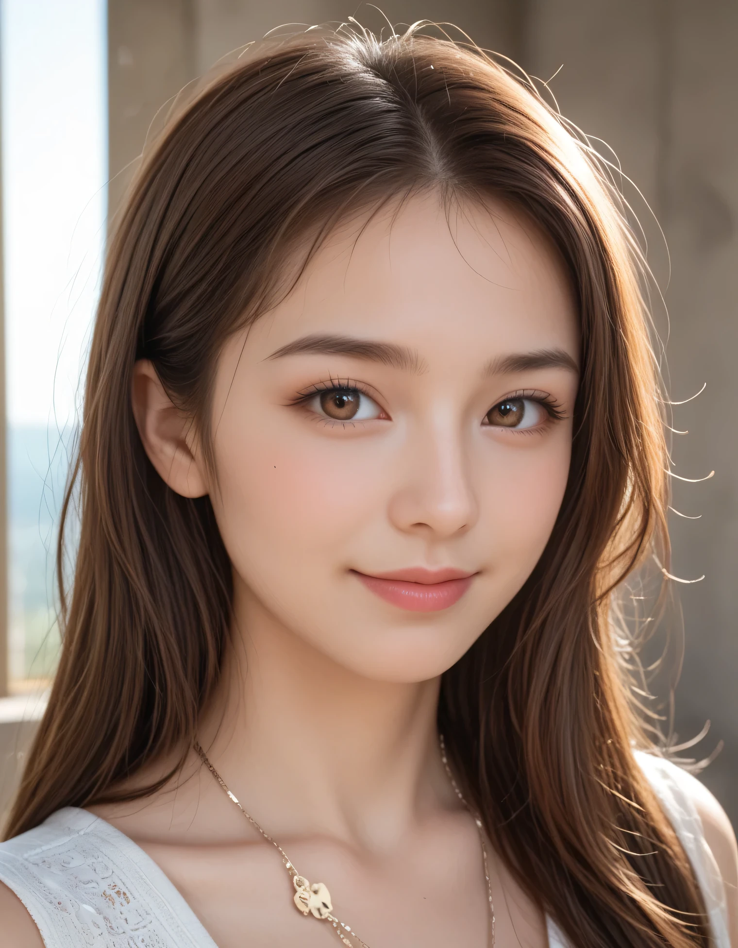 (Photorealistic: 1.4), (Hyperrealistic: 1.4), Portrait photography, Close-up face, (Professional cinematic lighting, key light, fill light, backlight), Masterpiece, Ultra high resolution, 8K, One beautiful Japanese girl, looking away, brown eyes, She has a pure and clean appearance, Intelligent, A gentle and shy smile, Busty, Her long hair is blowing in the wind, Skin texture, Ultra-detailed, Ultra-detailed face, Detailed lips, Detailed eyes, Detailed body skin, Summer dress, Slim, narrow waist, skinny,
In the background, you can see the courtyard with stone steps of an Italian stone house.